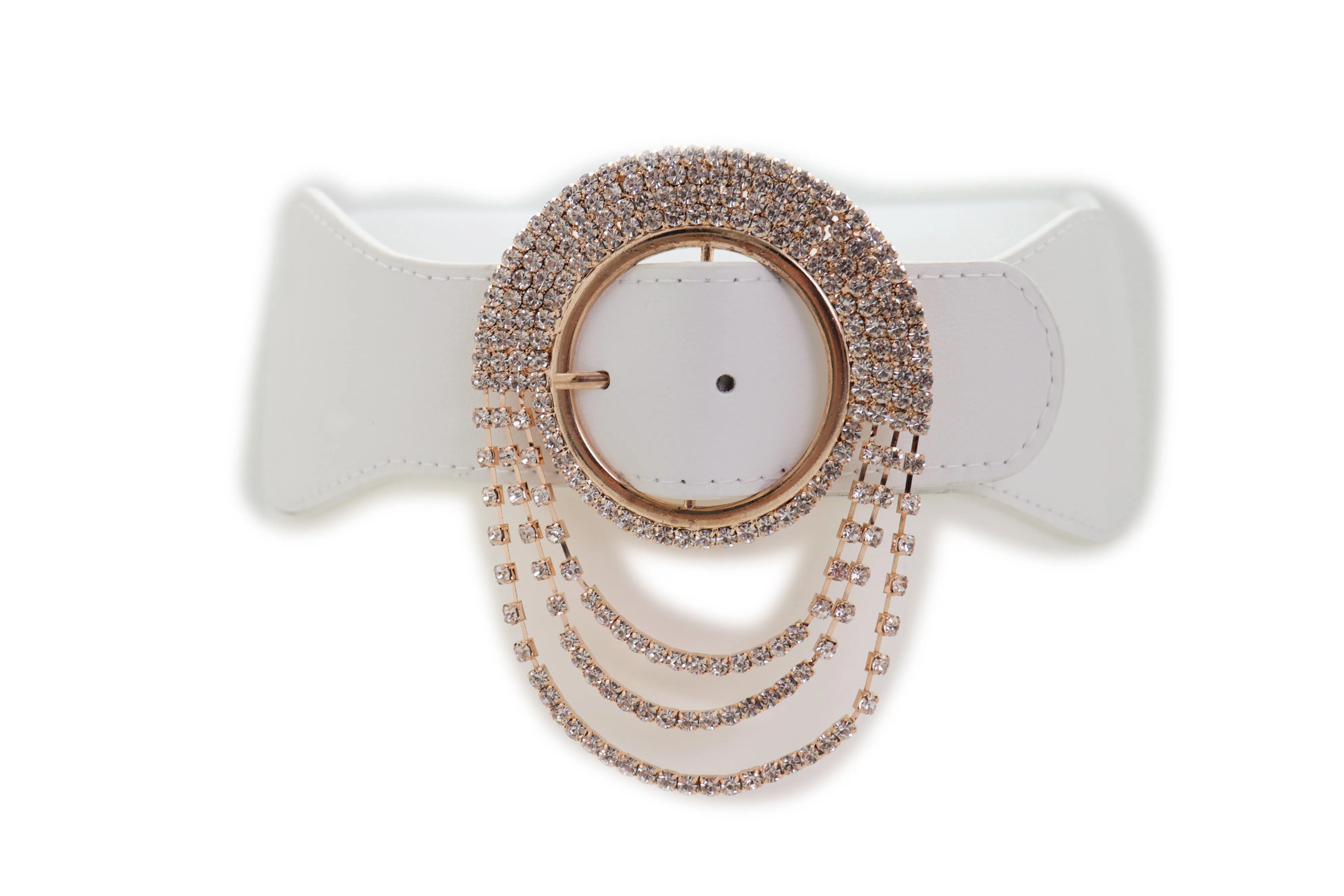 Elastic Winter White Color Fashion Wide Belt Gold Round Buckle Size S M