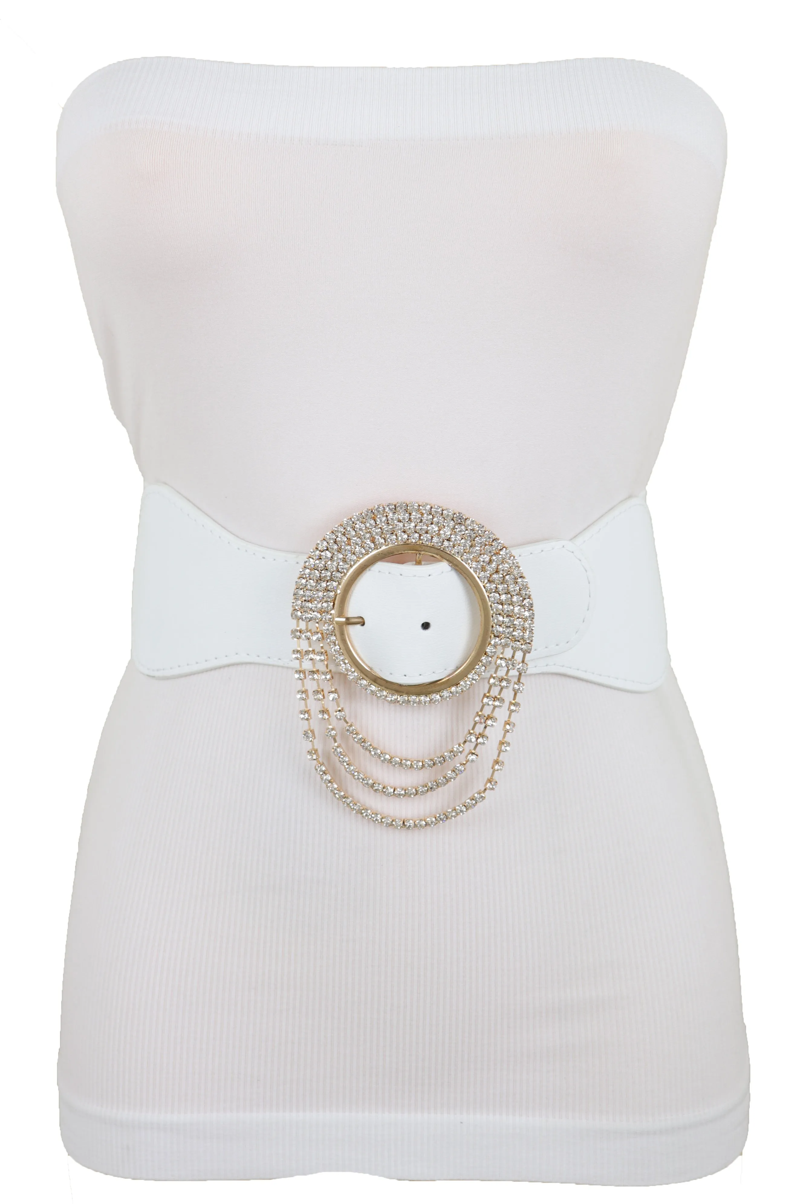 Elastic Winter White Color Fashion Wide Belt Gold Round Buckle Size S M