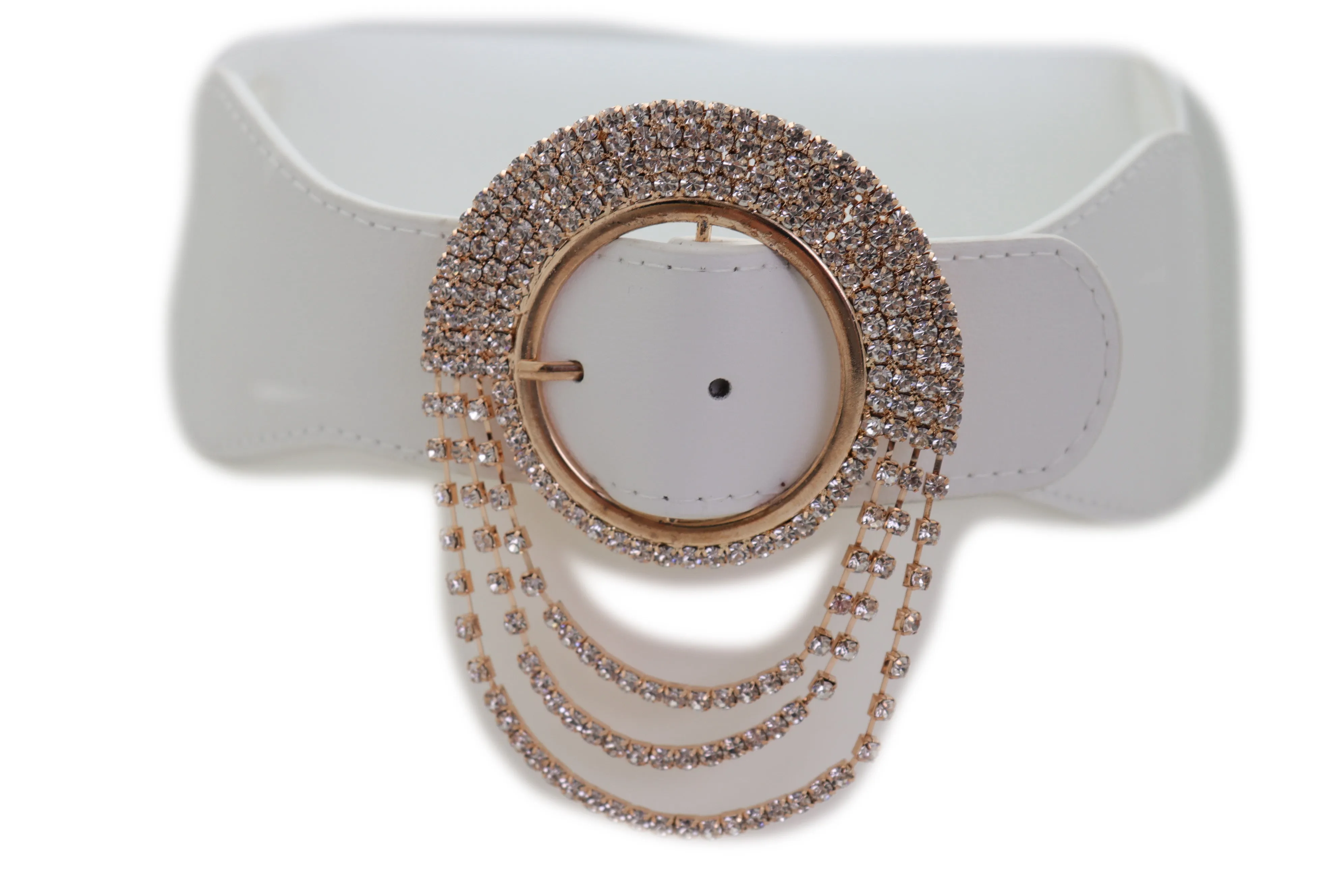 Elastic Winter White Color Fashion Wide Belt Gold Round Buckle Size S M