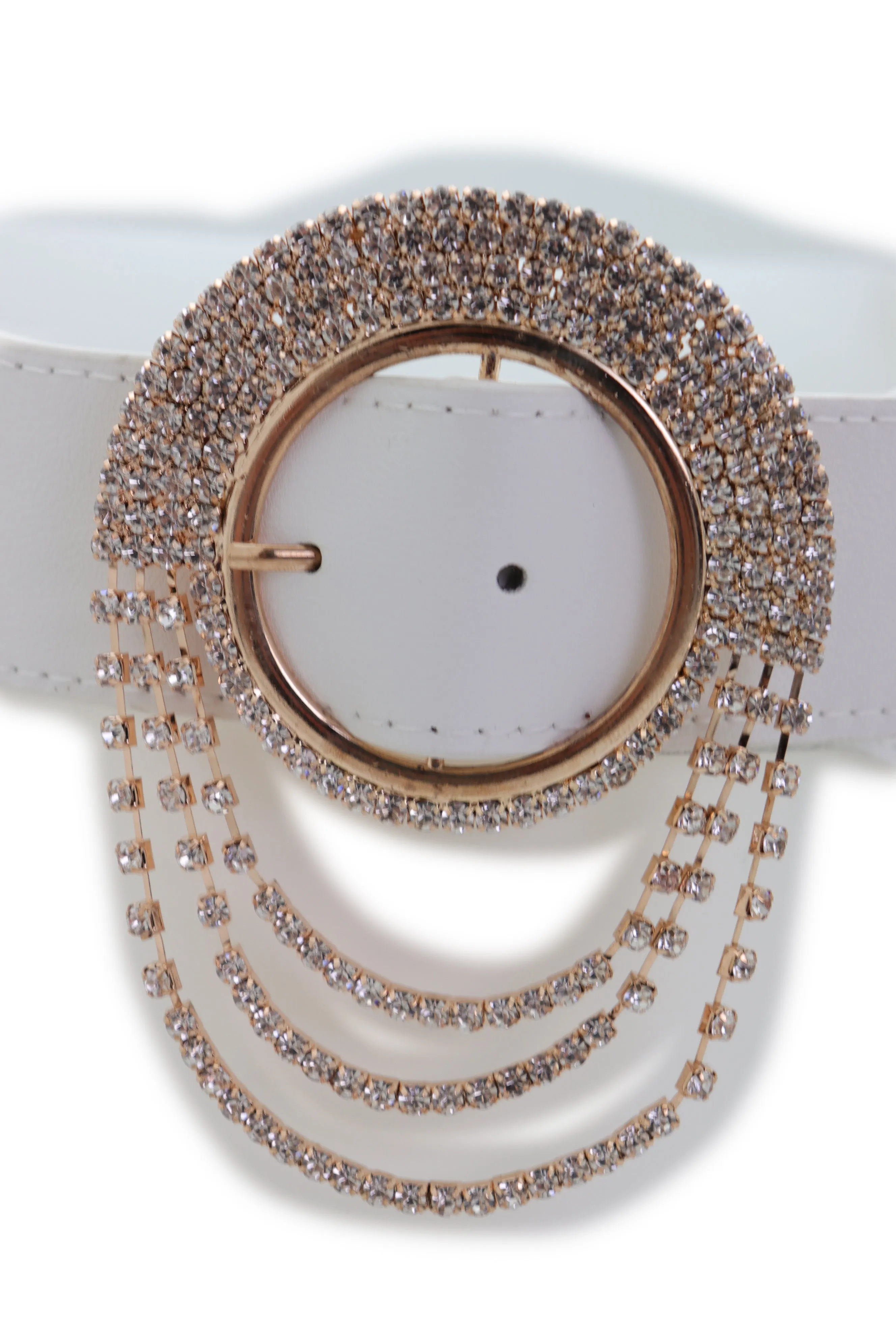 Elastic Winter White Color Fashion Wide Belt Gold Round Buckle Size S M