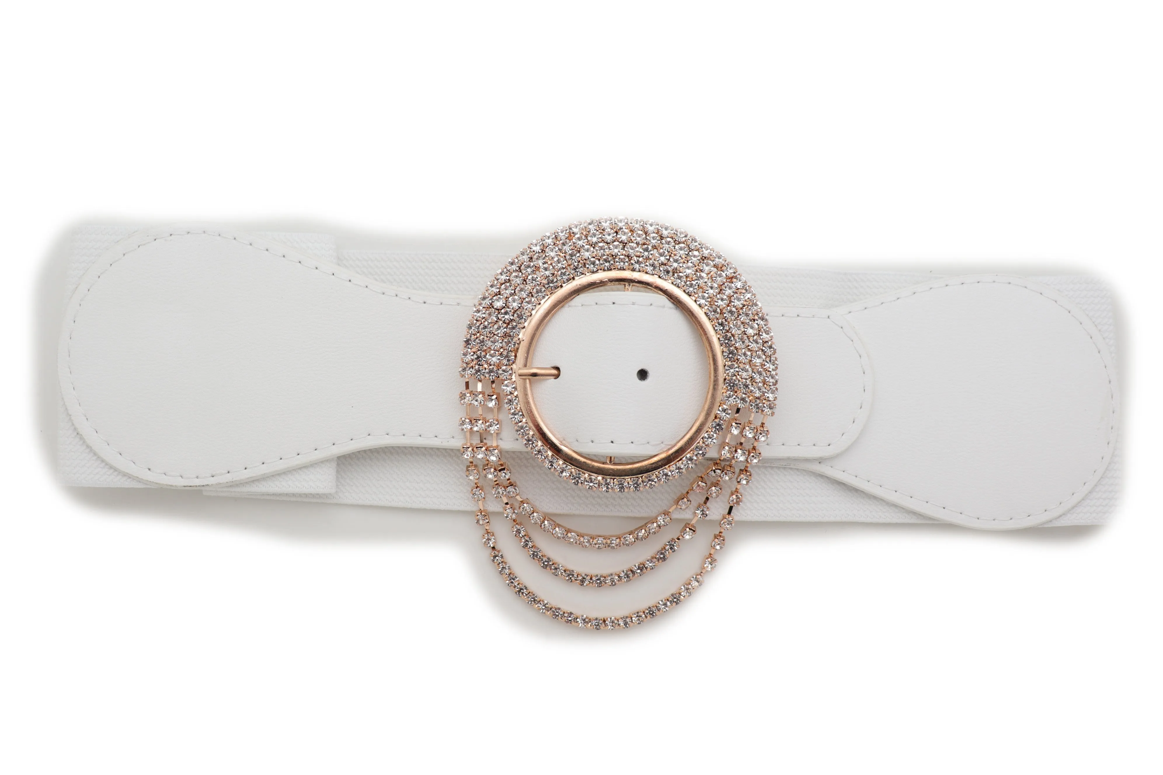 Elastic Winter White Color Fashion Wide Belt Gold Round Buckle Size S M