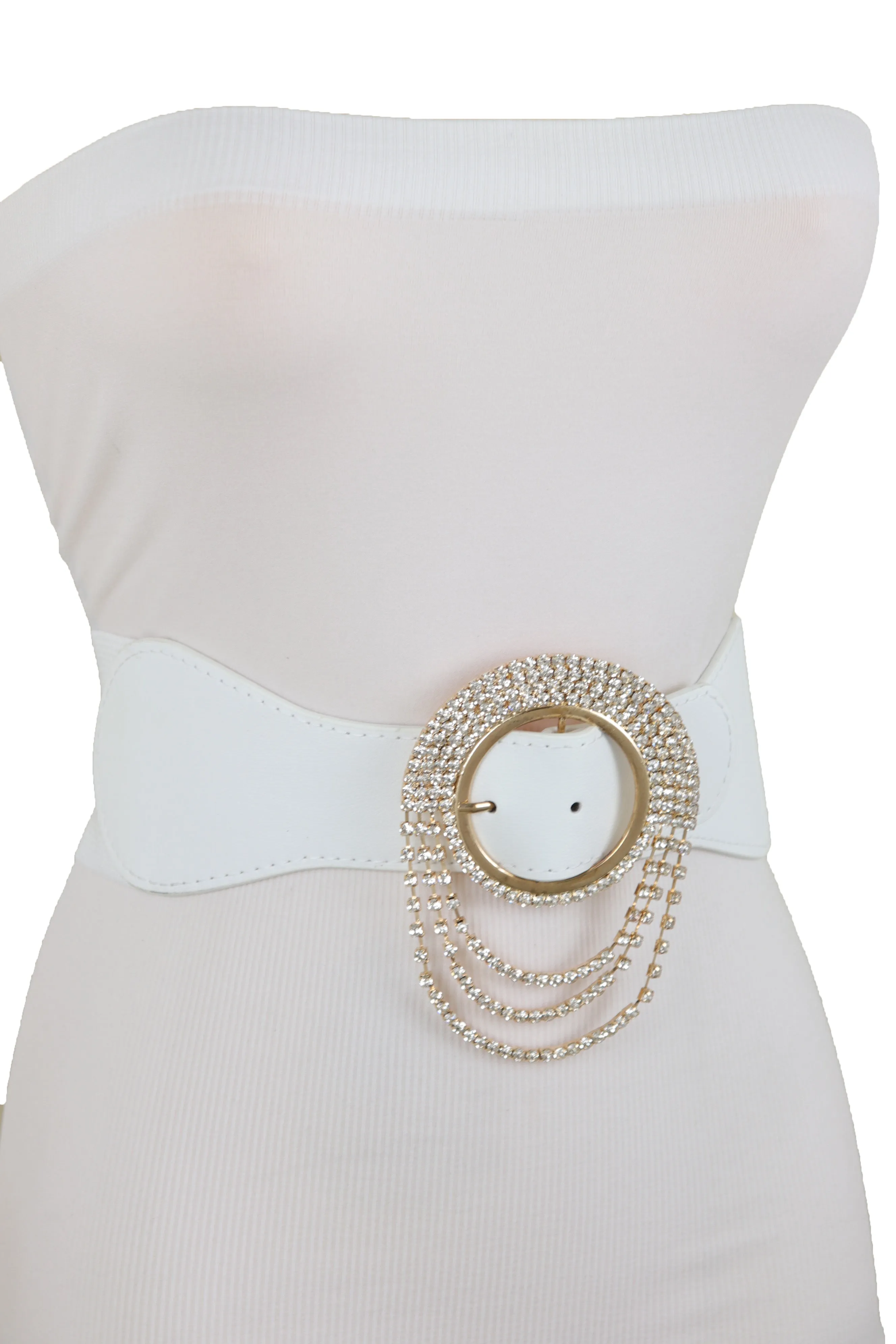 Elastic Winter White Color Fashion Wide Belt Gold Round Buckle Size S M
