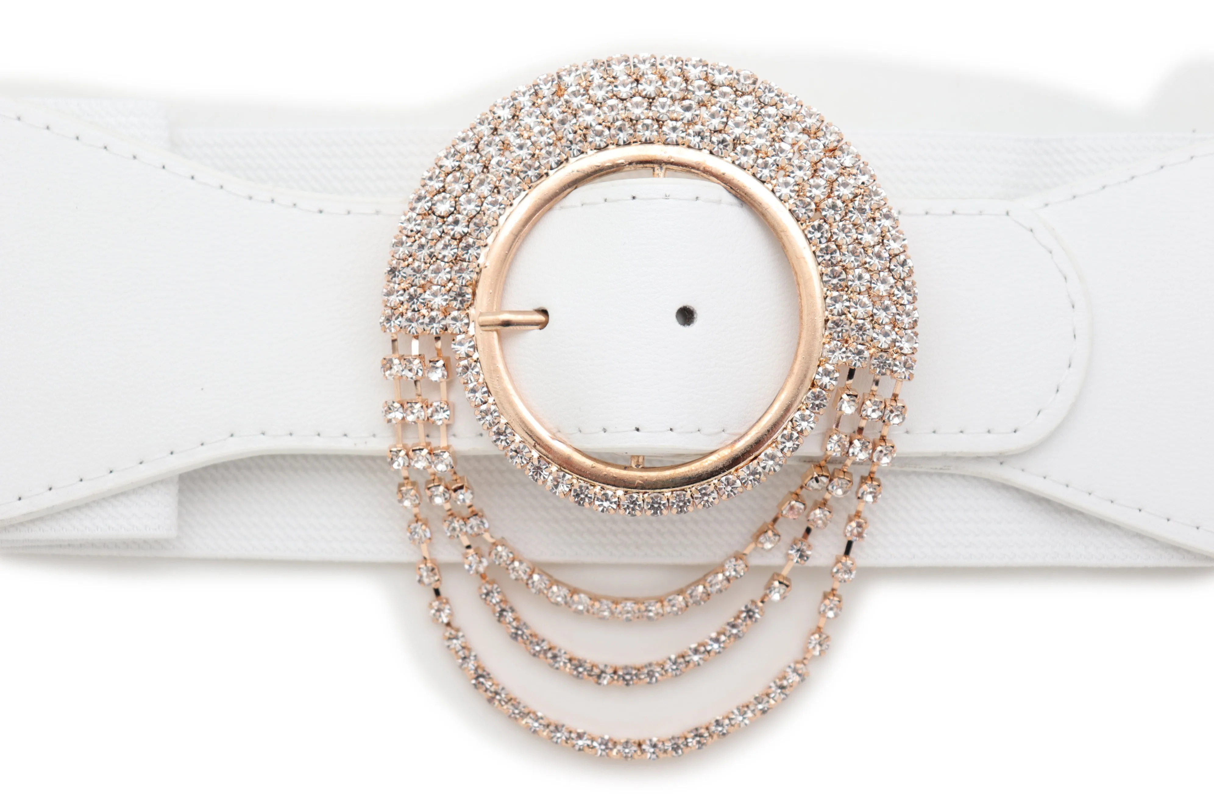 Elastic Winter White Color Fashion Wide Belt Gold Round Buckle Size S M