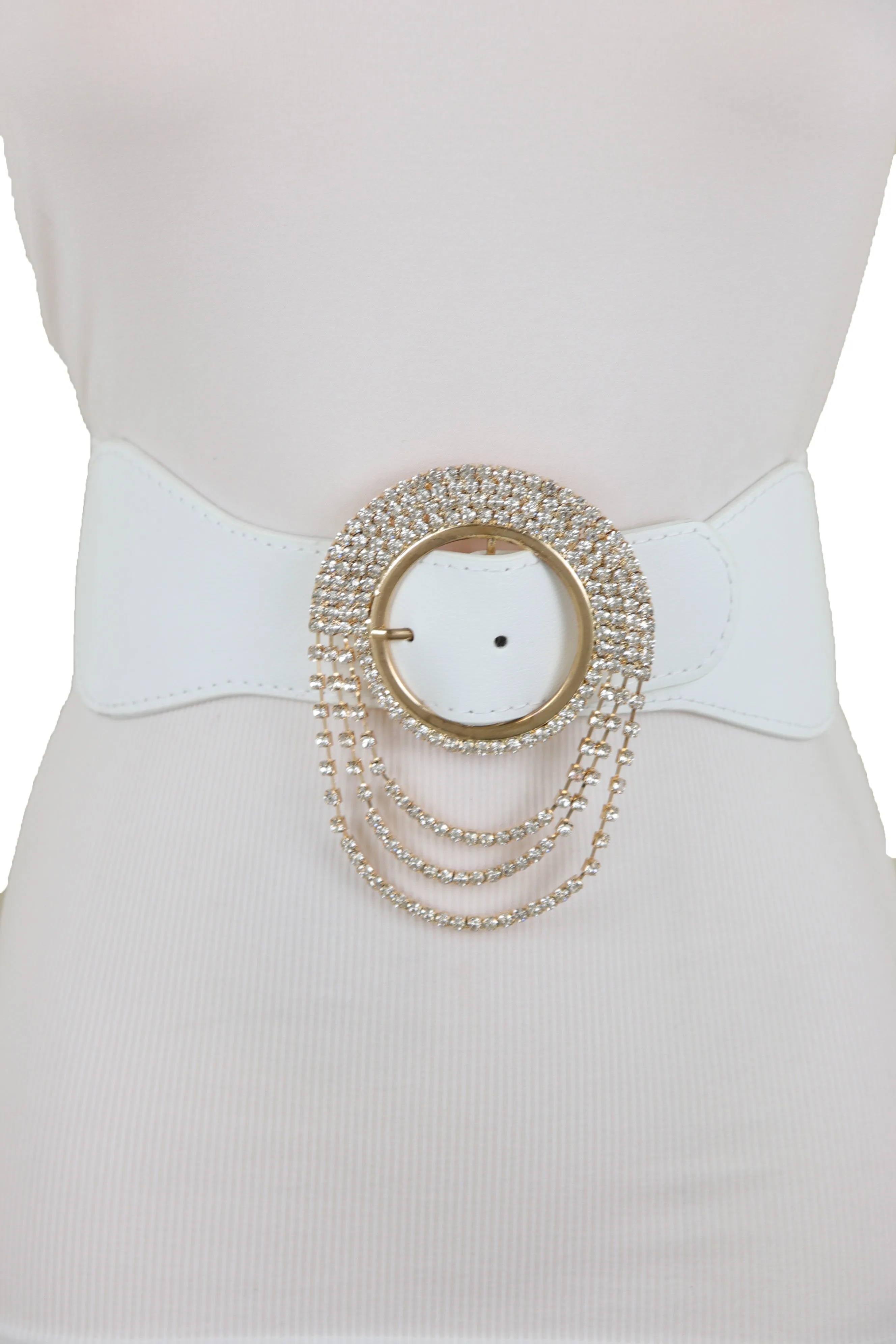 Elastic Winter White Color Fashion Wide Belt Gold Round Buckle Size S M