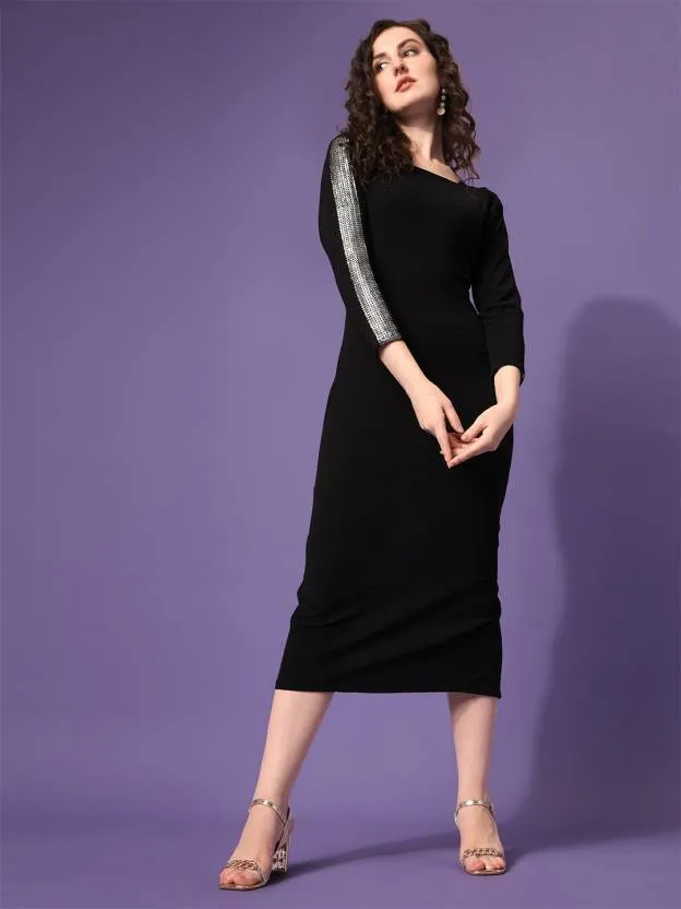 Elegant Black Solid Sheath Midi Dress