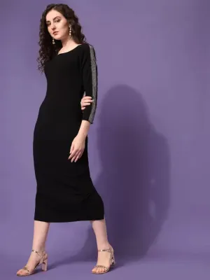 Elegant Black Solid Sheath Midi Dress