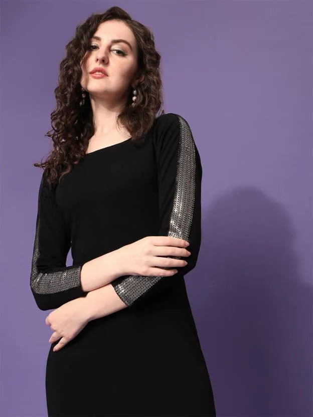 Elegant Black Solid Sheath Midi Dress