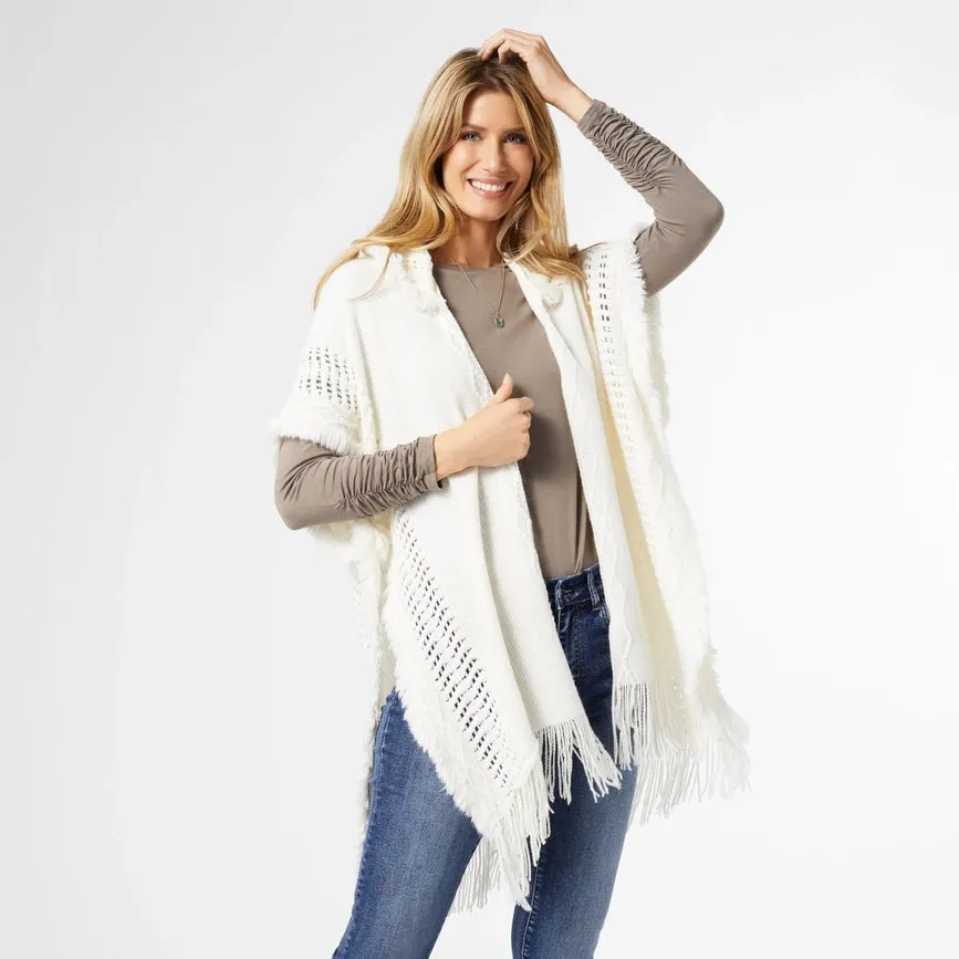 Eloise Hooded Ruana with Frayed Fringe - Valentine's Day