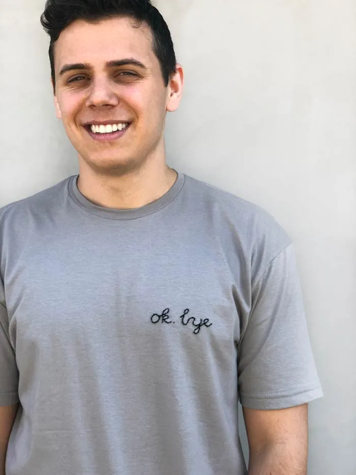 Embroidery on demand Shirt, Grey Embroidery T Shirt, Cool Text Embroidery T Shirt with Ok bye phrase