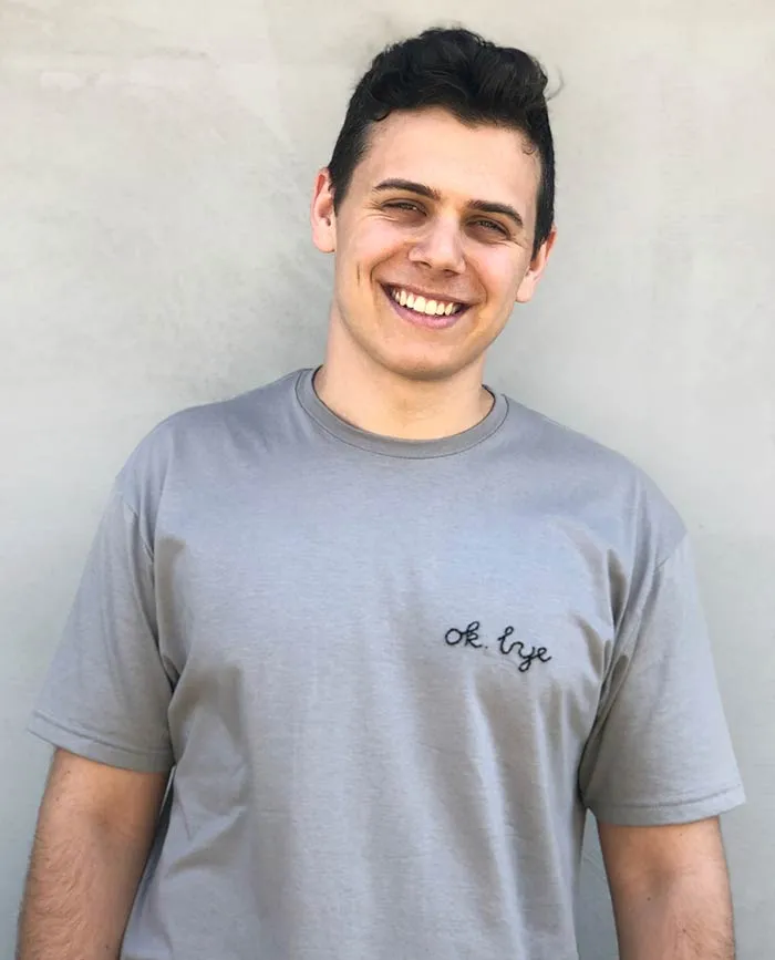 Embroidery on demand Shirt, Grey Embroidery T Shirt, Cool Text Embroidery T Shirt with Ok bye phrase