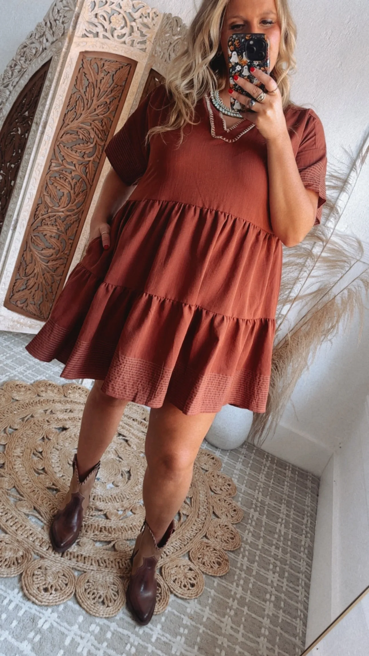 Emmy V Neck Embroidered Mini Dress, Rust