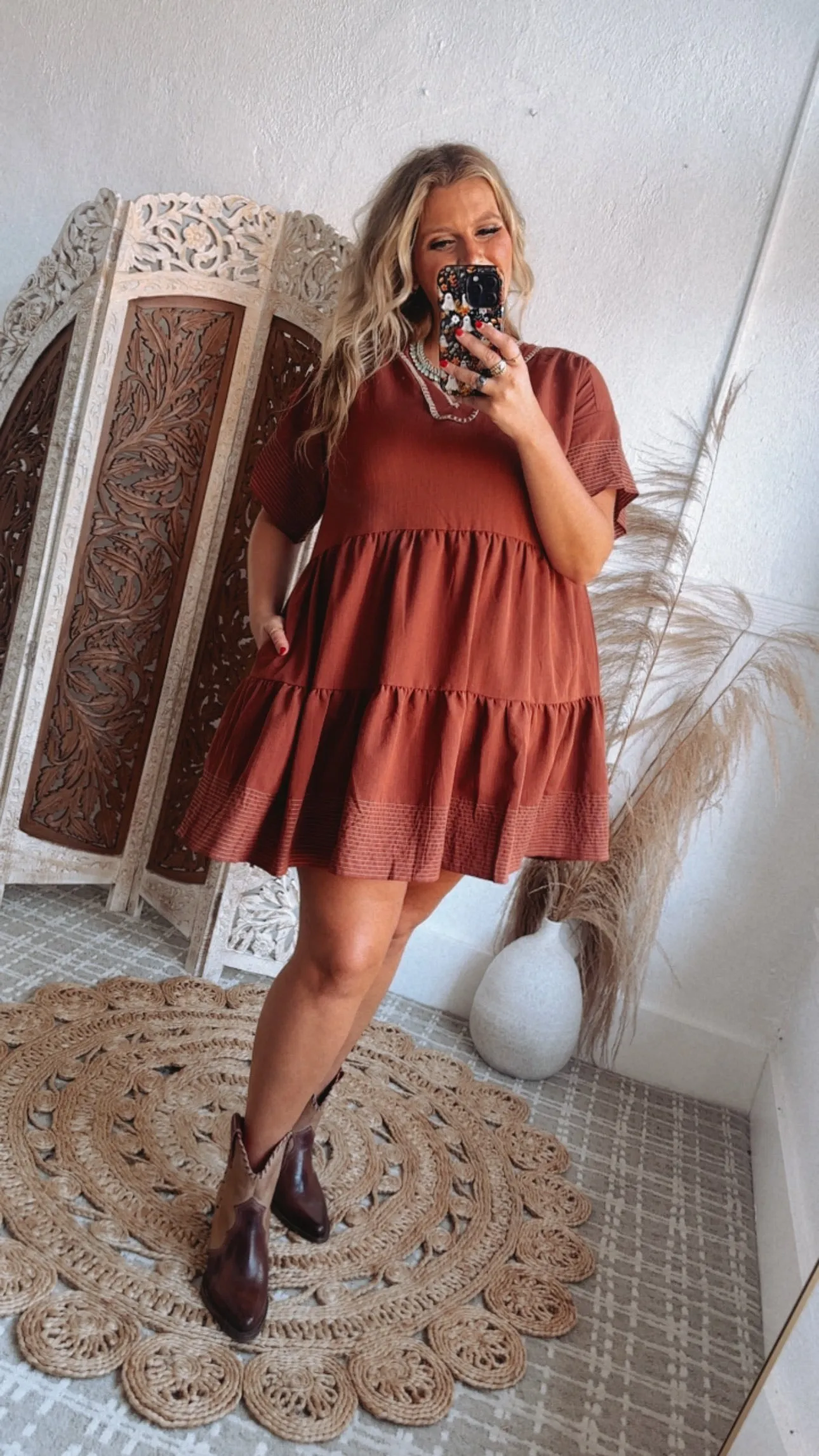 Emmy V Neck Embroidered Mini Dress, Rust