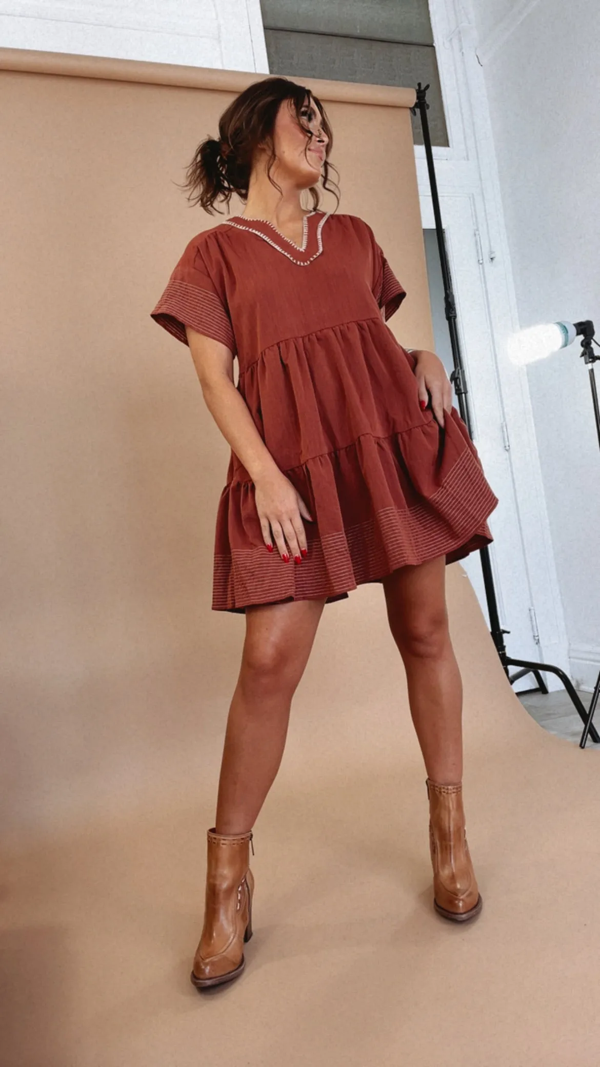 Emmy V Neck Embroidered Mini Dress, Rust