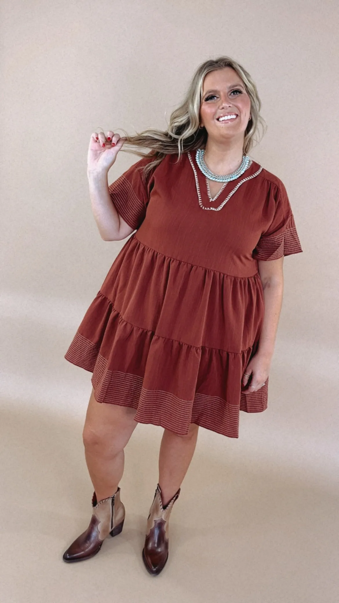 Emmy V Neck Embroidered Mini Dress, Rust