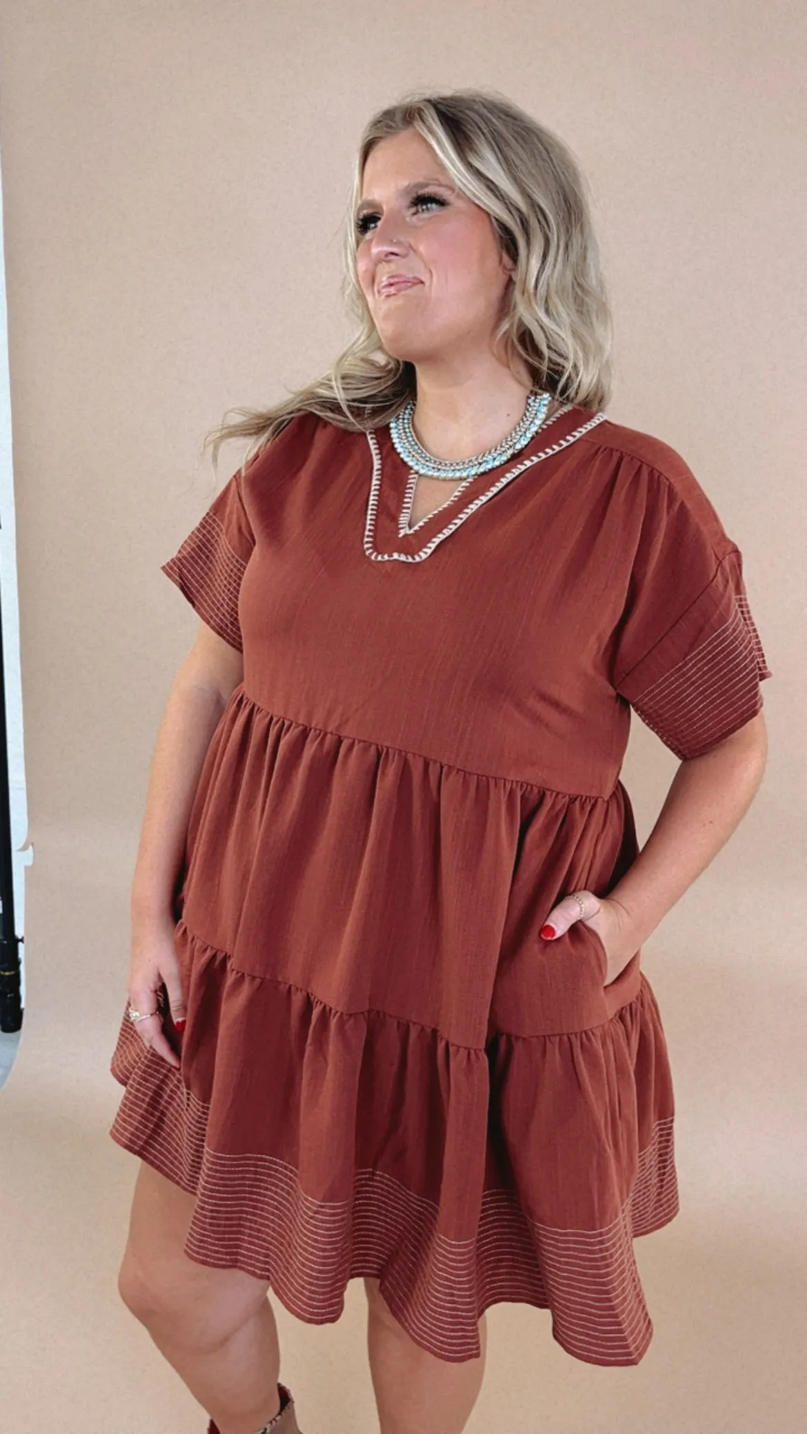 Emmy V Neck Embroidered Mini Dress, Rust