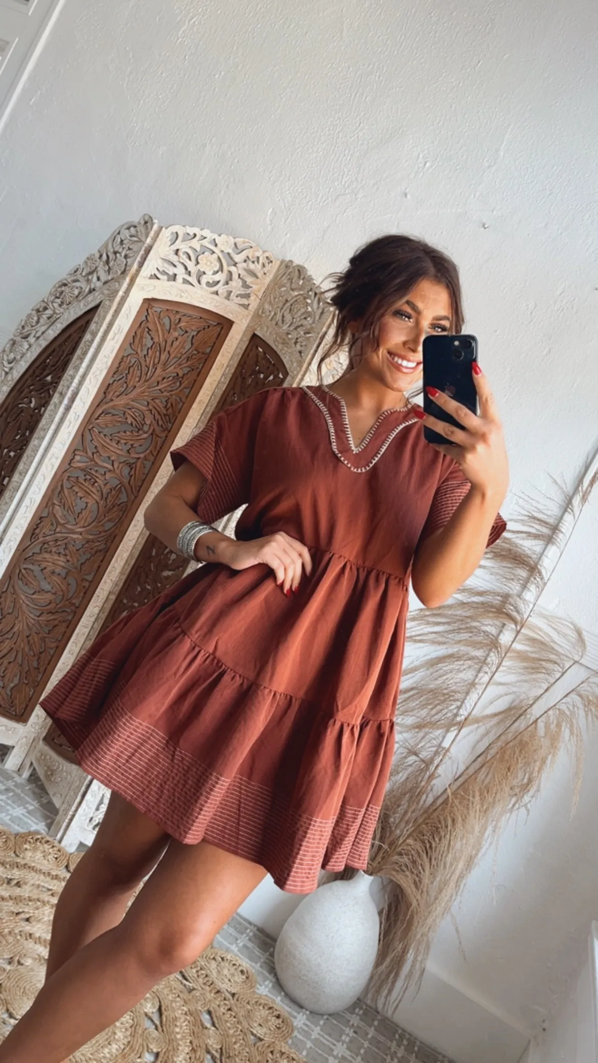 Emmy V Neck Embroidered Mini Dress, Rust