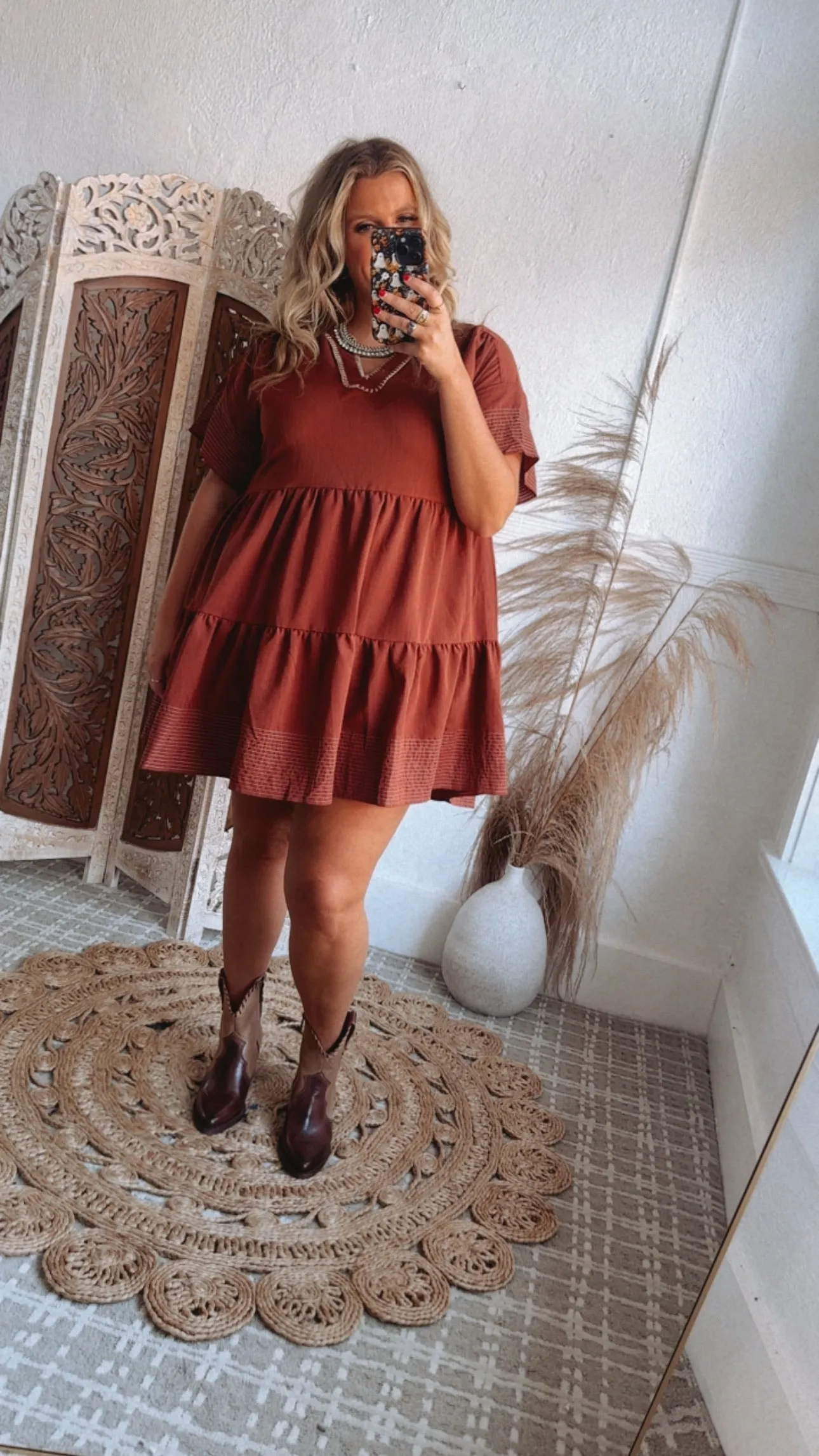 Emmy V Neck Embroidered Mini Dress, Rust