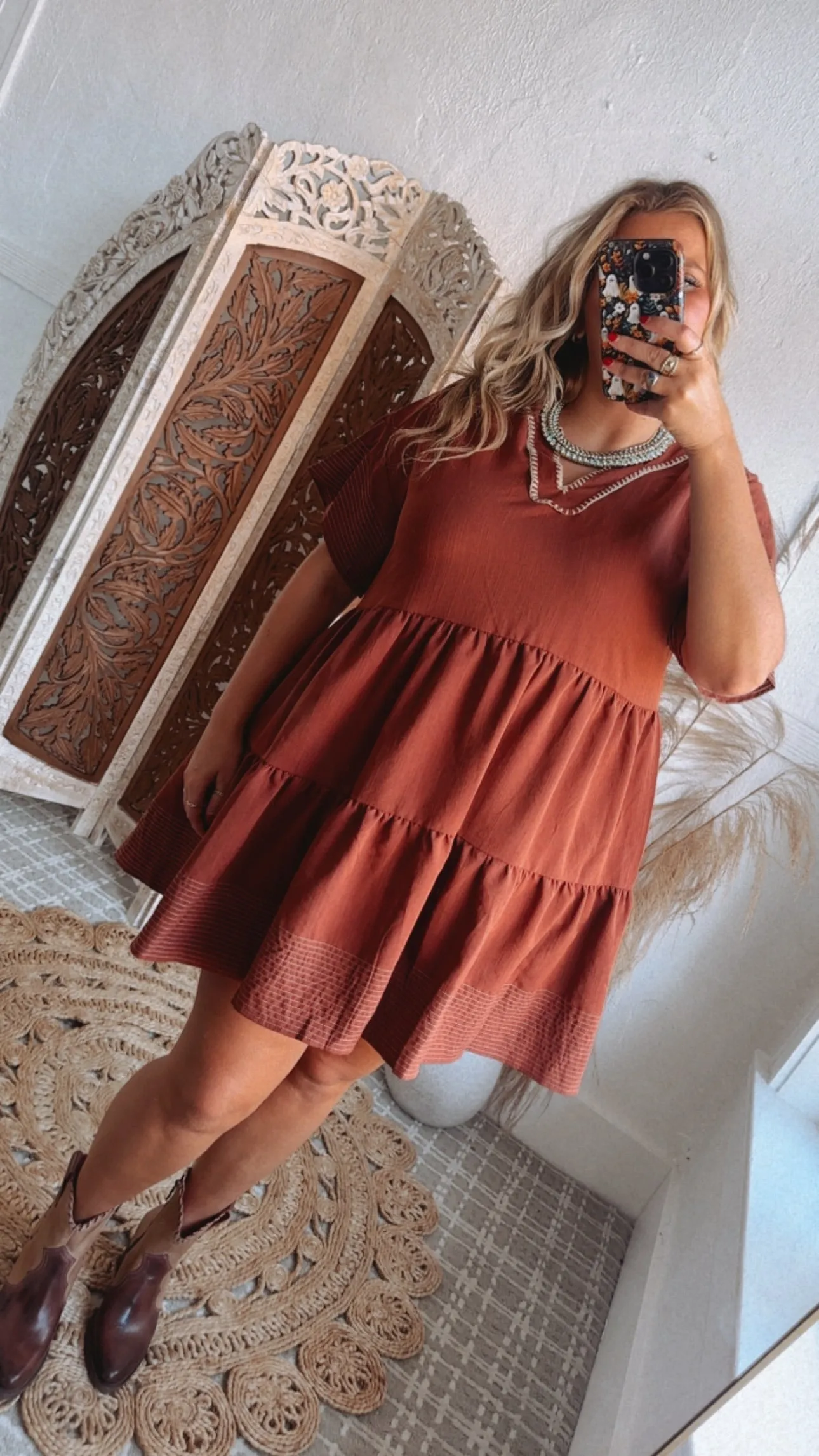 Emmy V Neck Embroidered Mini Dress, Rust