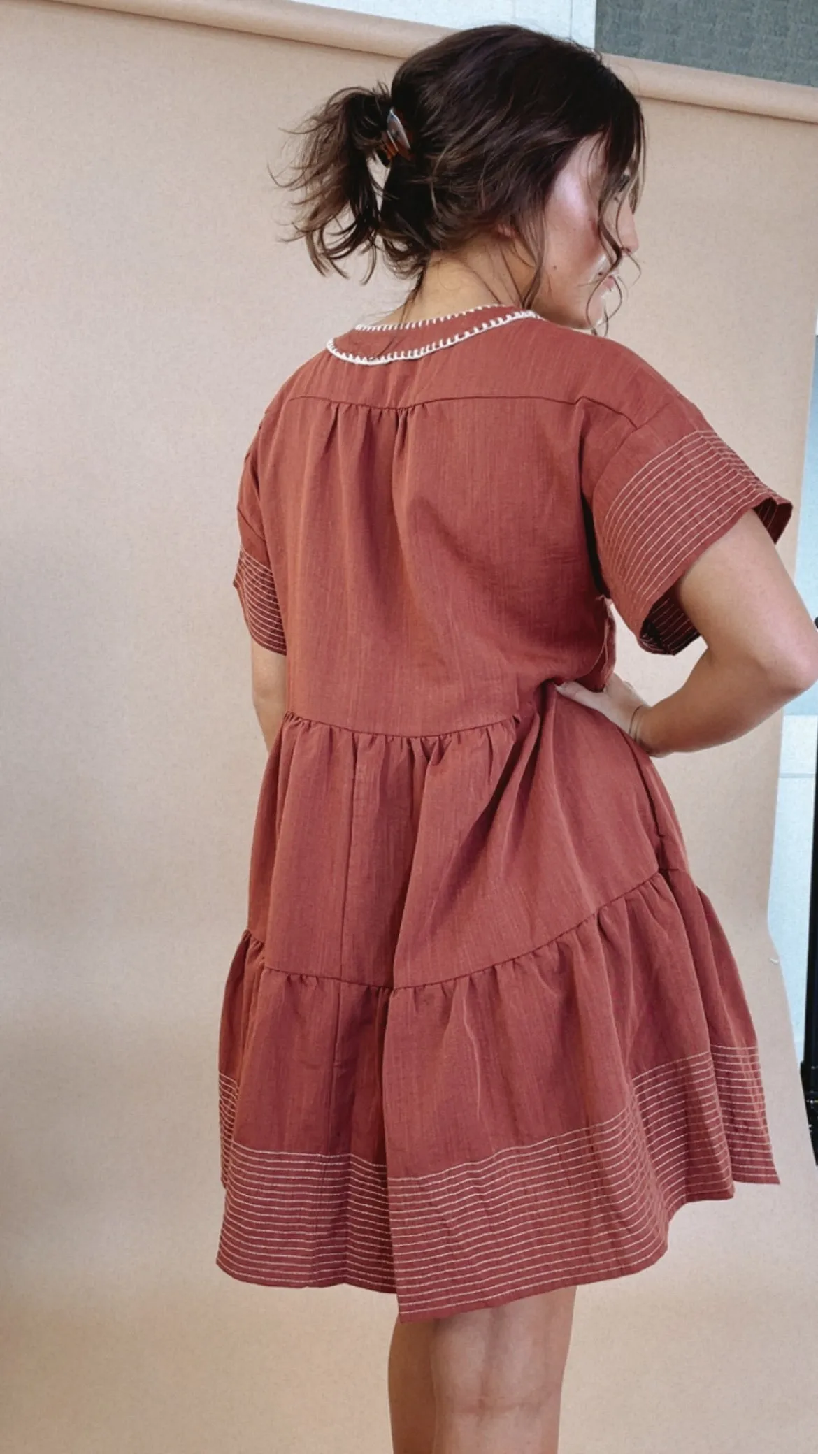 Emmy V Neck Embroidered Mini Dress, Rust