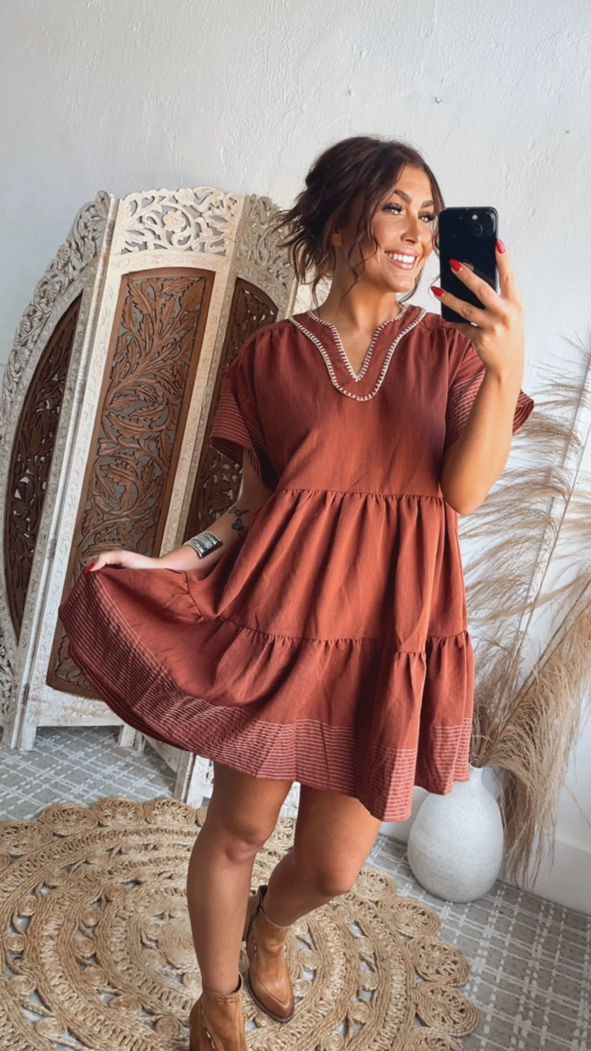 Emmy V Neck Embroidered Mini Dress, Rust