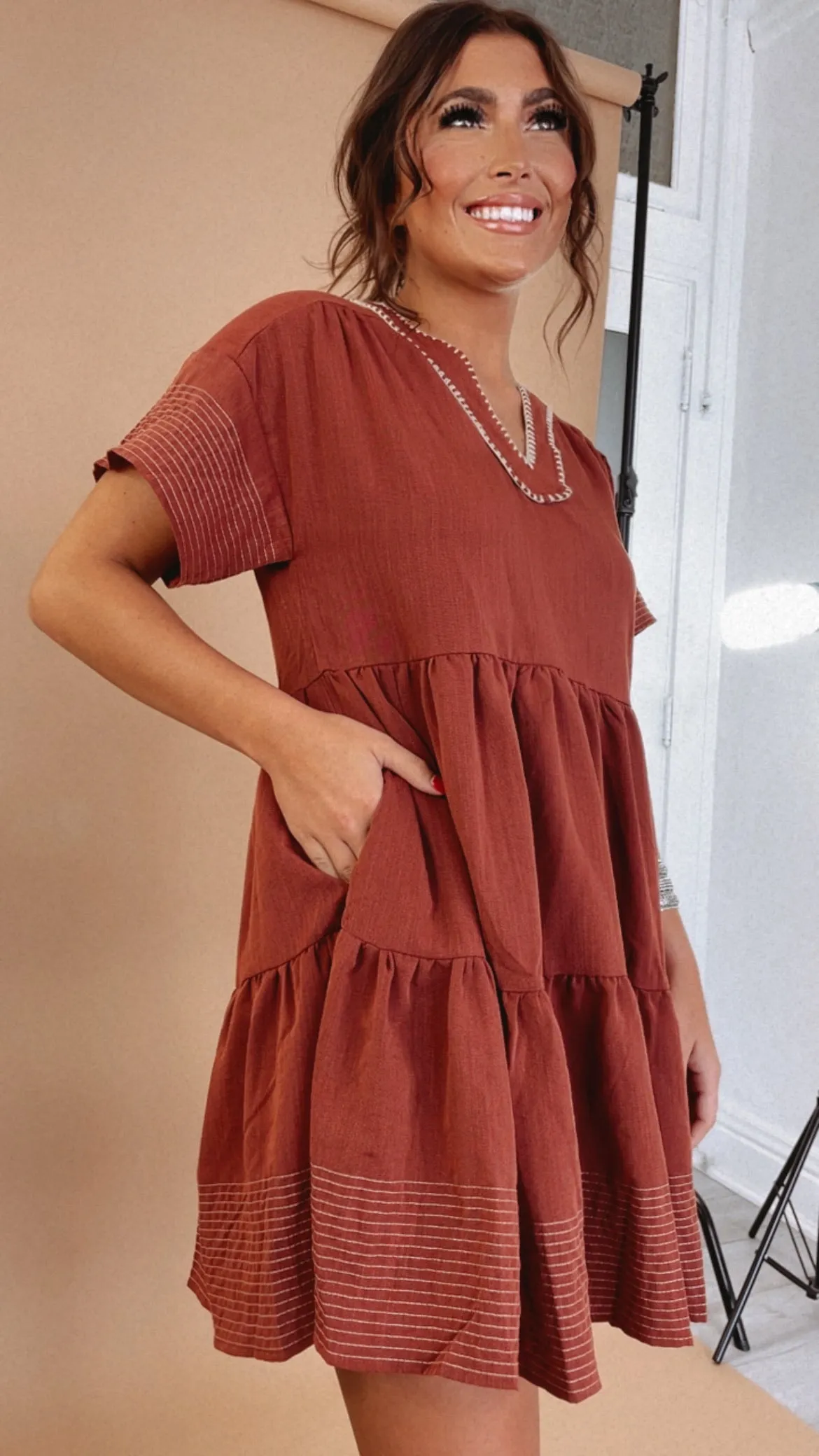 Emmy V Neck Embroidered Mini Dress, Rust