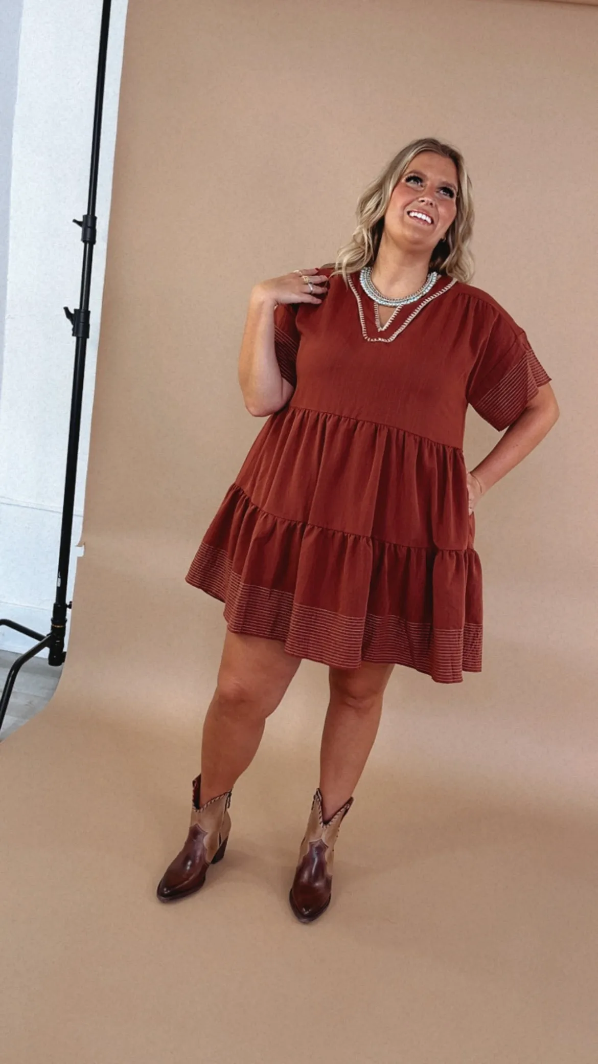 Emmy V Neck Embroidered Mini Dress, Rust