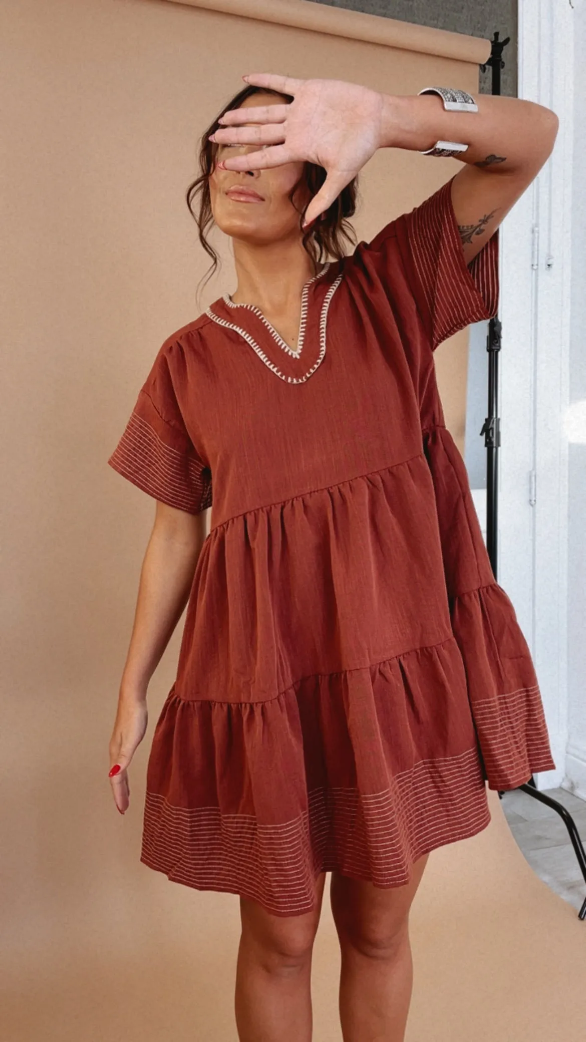 Emmy V Neck Embroidered Mini Dress, Rust