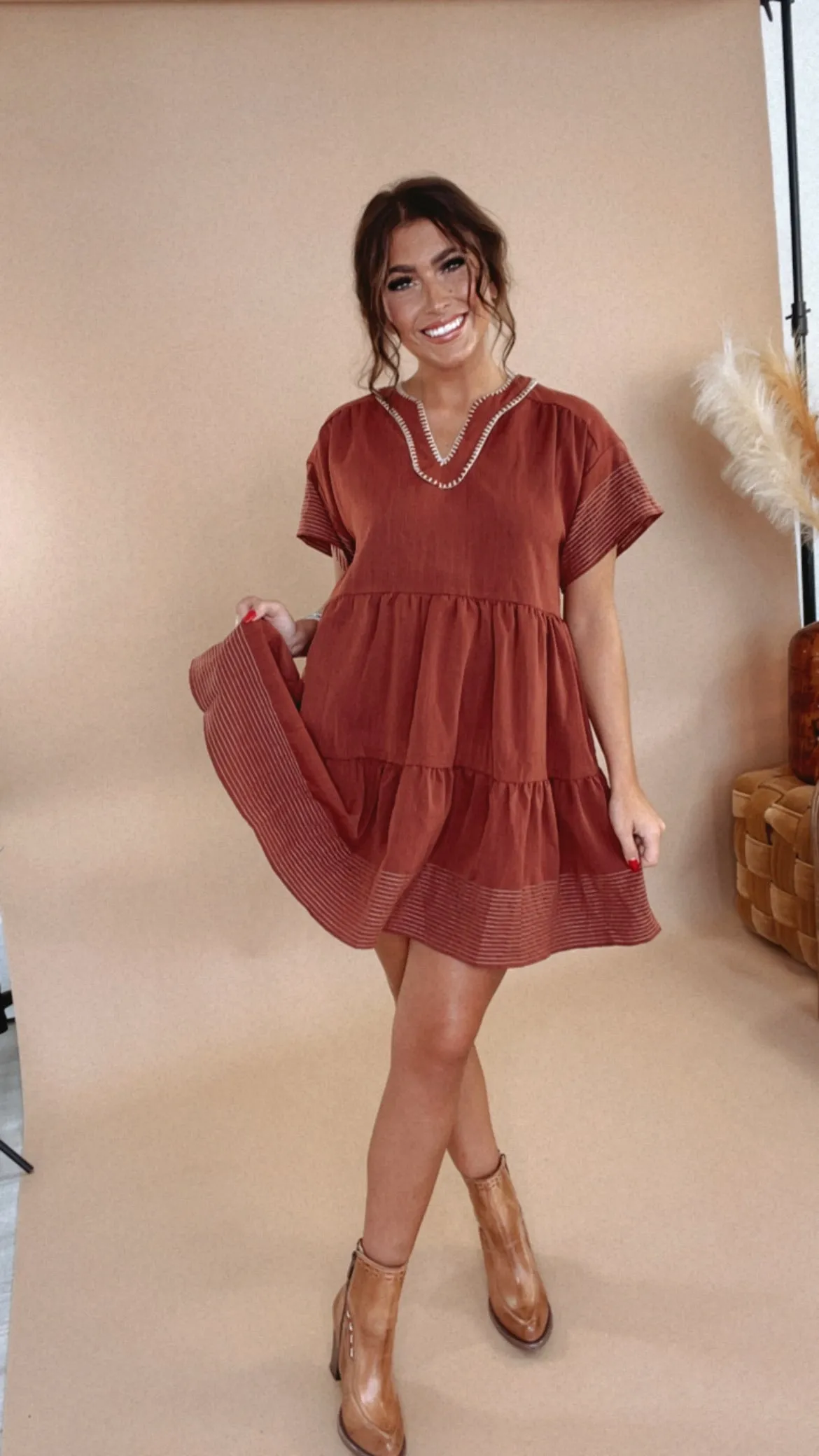 Emmy V Neck Embroidered Mini Dress, Rust
