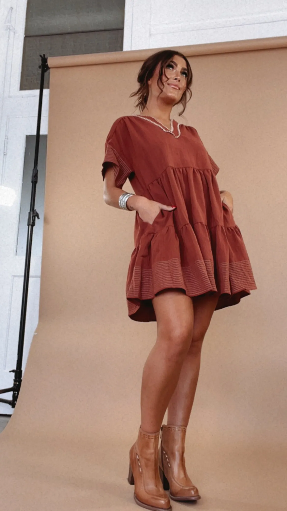 Emmy V Neck Embroidered Mini Dress, Rust