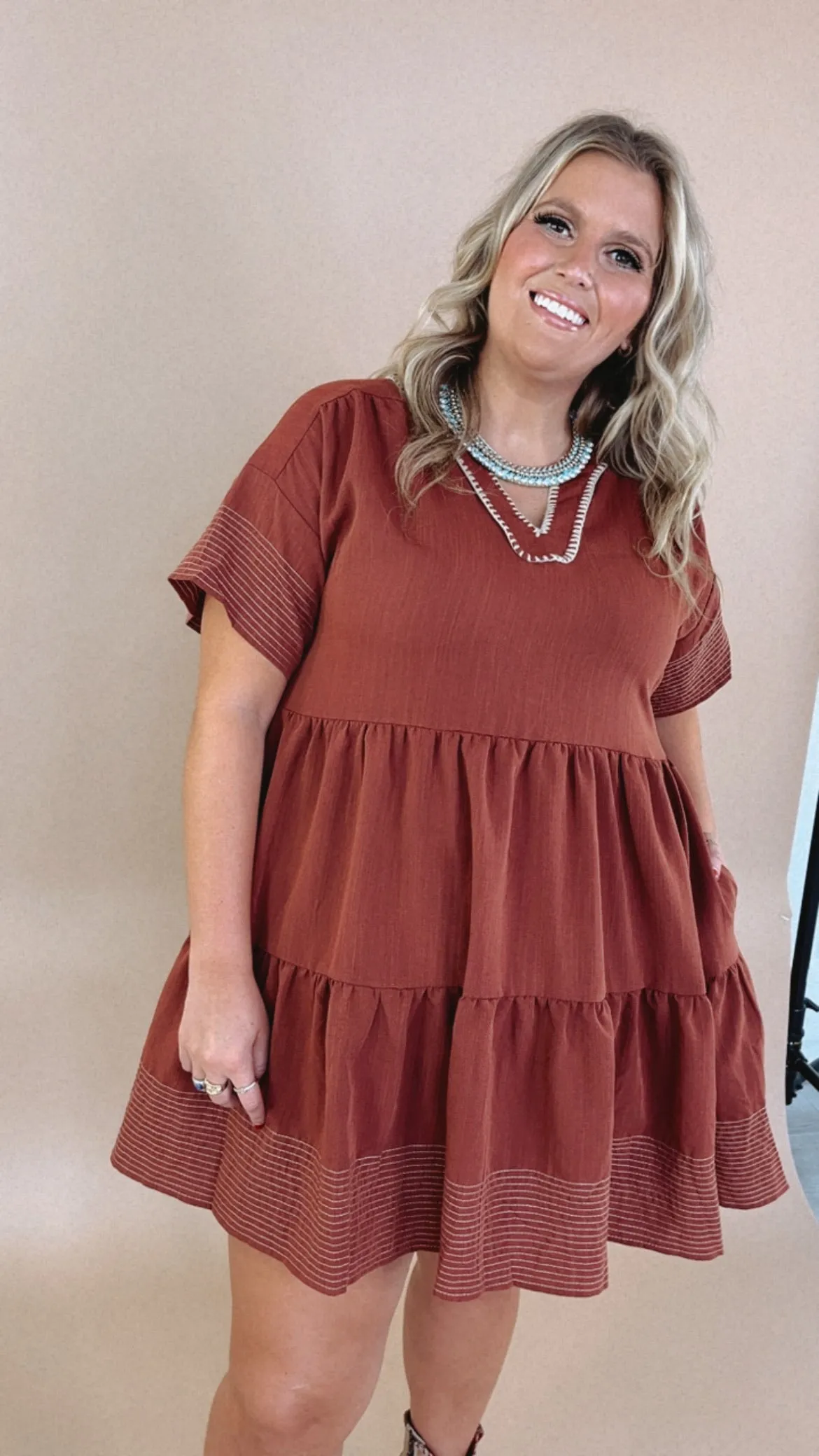 Emmy V Neck Embroidered Mini Dress, Rust