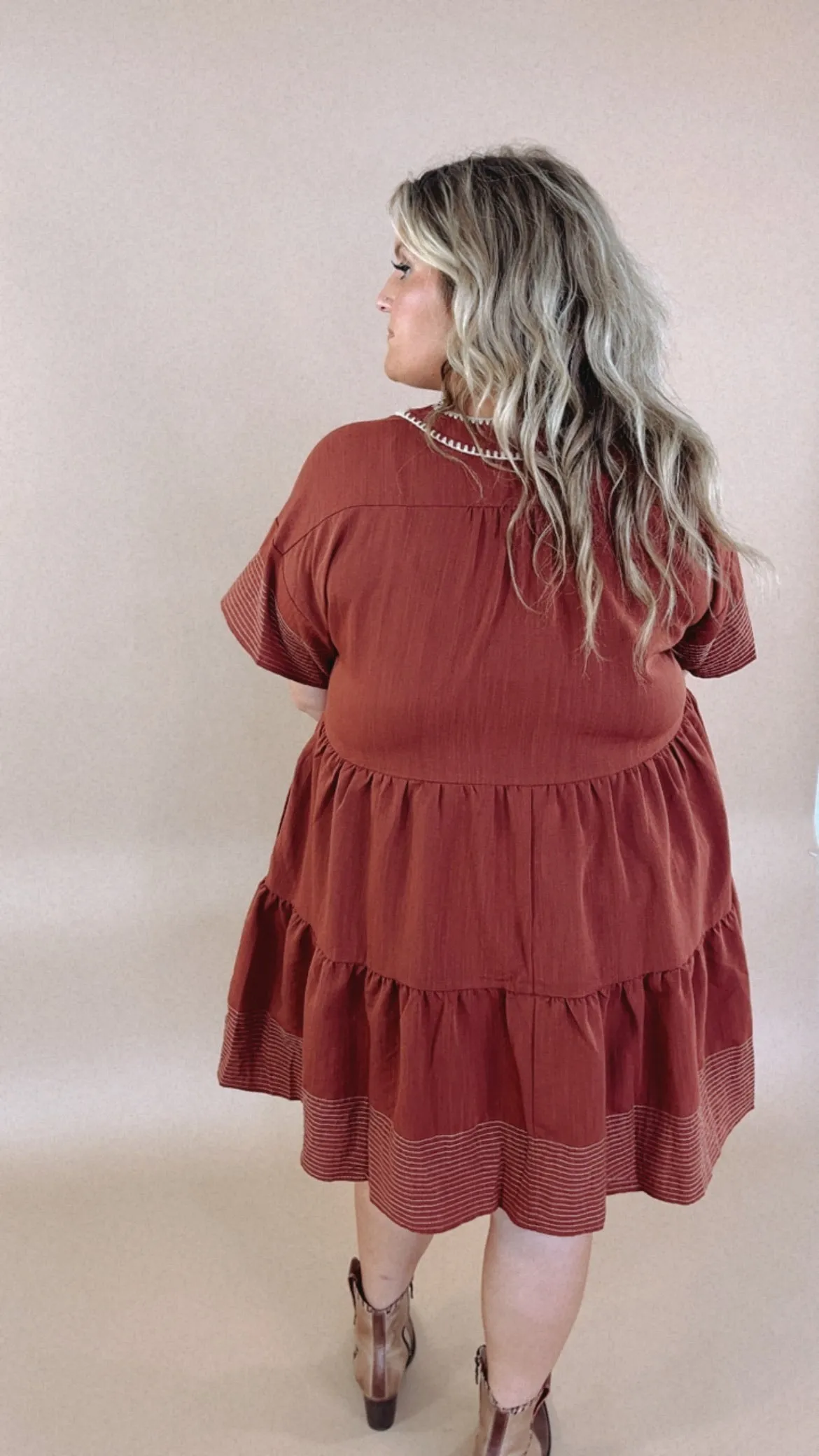 Emmy V Neck Embroidered Mini Dress, Rust