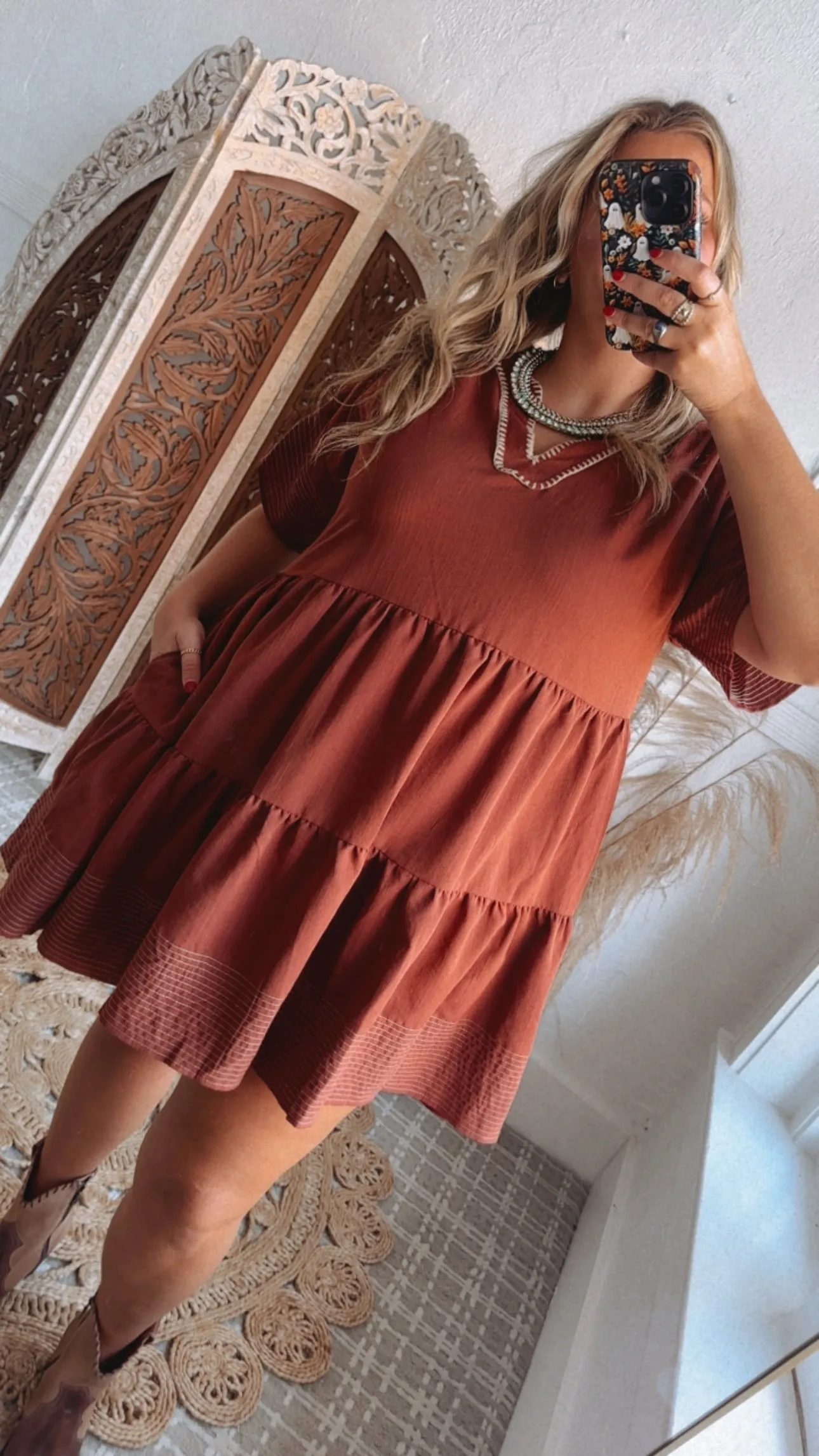 Emmy V Neck Embroidered Mini Dress, Rust