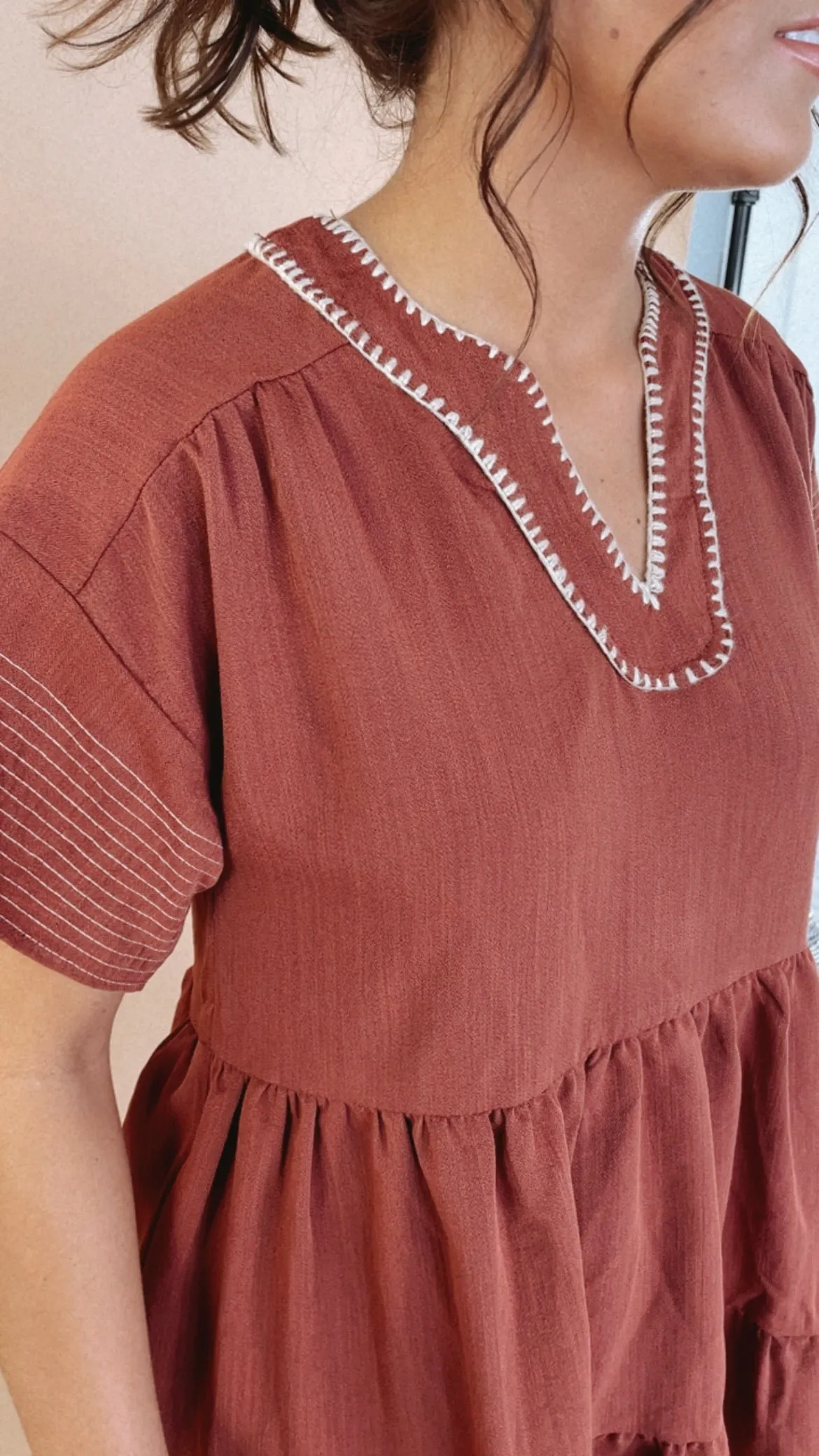Emmy V Neck Embroidered Mini Dress, Rust