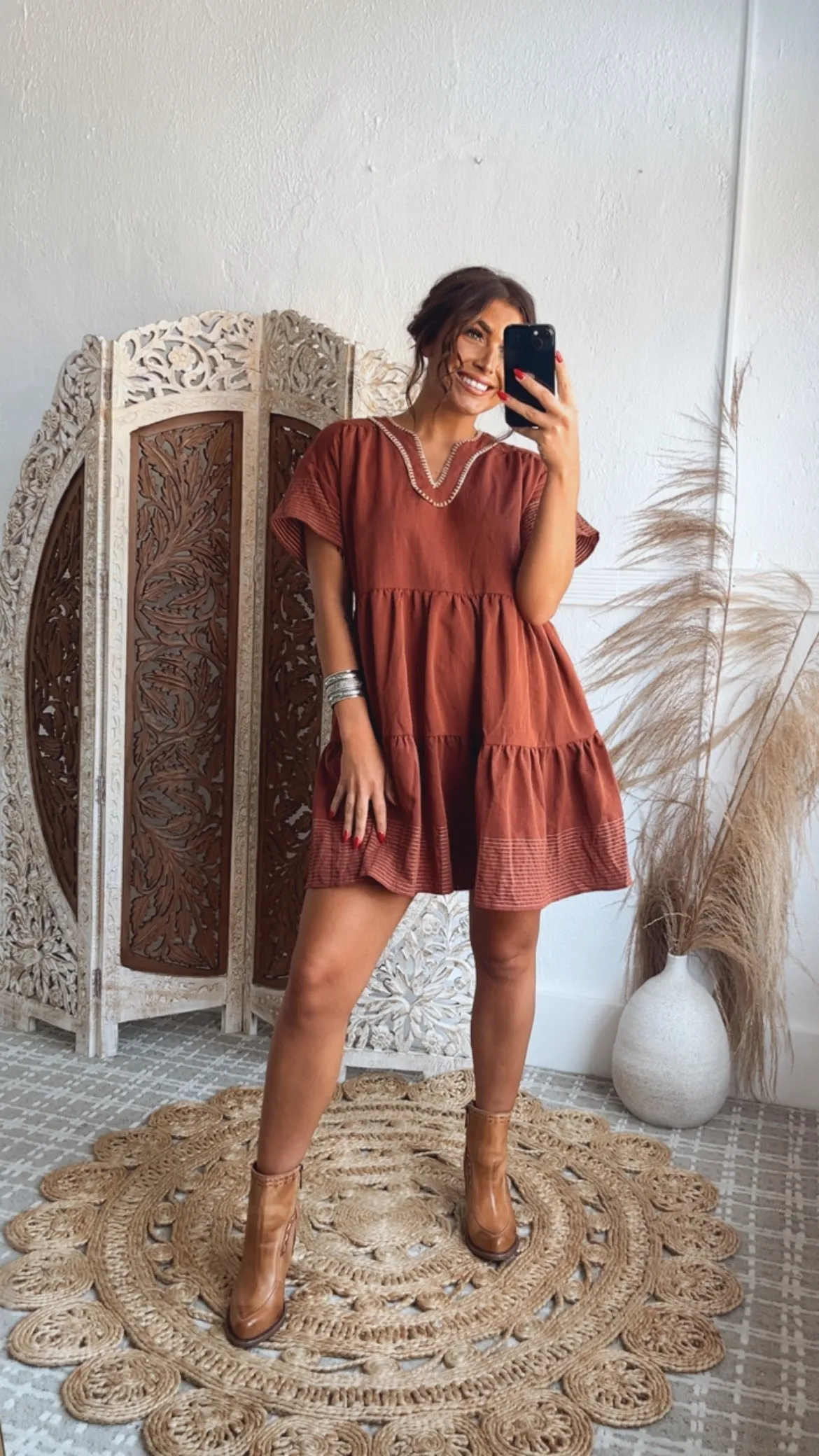 Emmy V Neck Embroidered Mini Dress, Rust