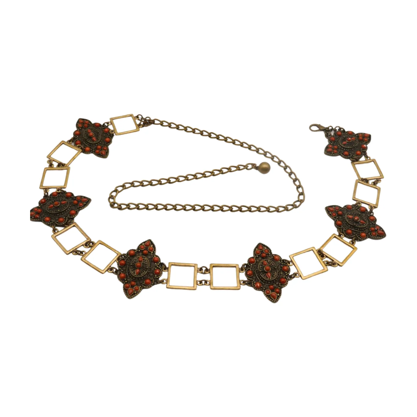 Ethnic Metal & Brown Beaded Flower Charm Belt