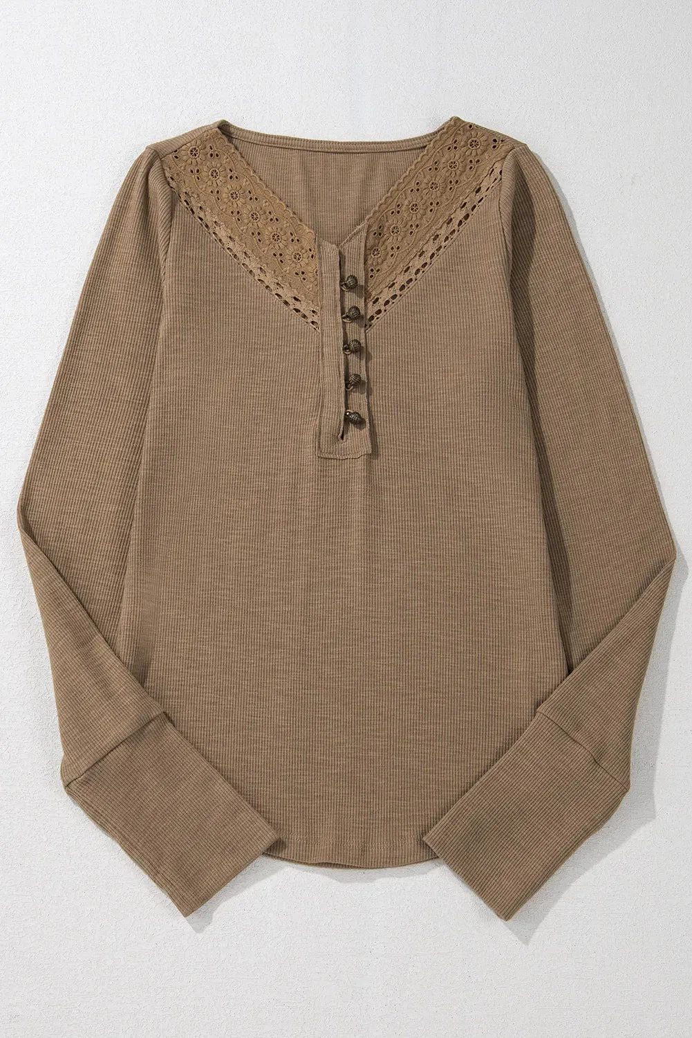 Eyelet Beige V-Neck Long Sleeve Top