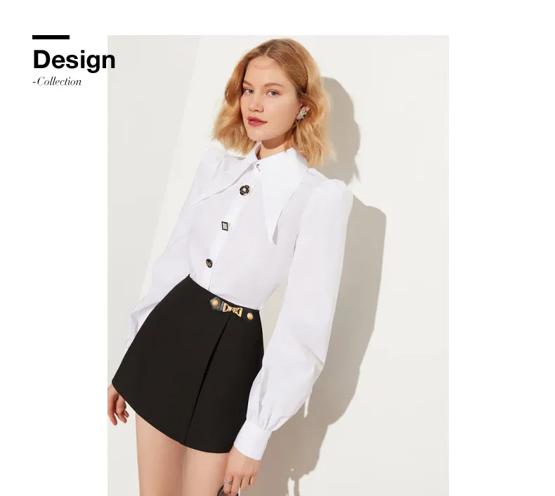 Fall Autumn vintage balloon sleeves cotton embellished white shirt - Sainew