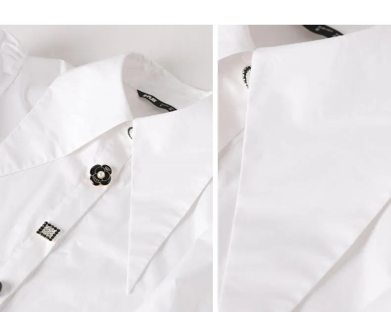 Fall Autumn vintage balloon sleeves cotton embellished white shirt - Sainew
