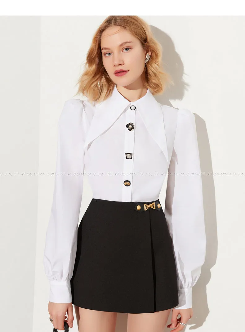 Fall Autumn vintage balloon sleeves cotton embellished white shirt - Sainew