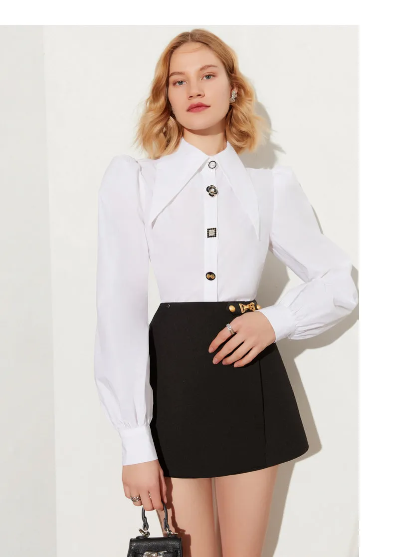 Fall Autumn vintage balloon sleeves cotton embellished white shirt - Sainew