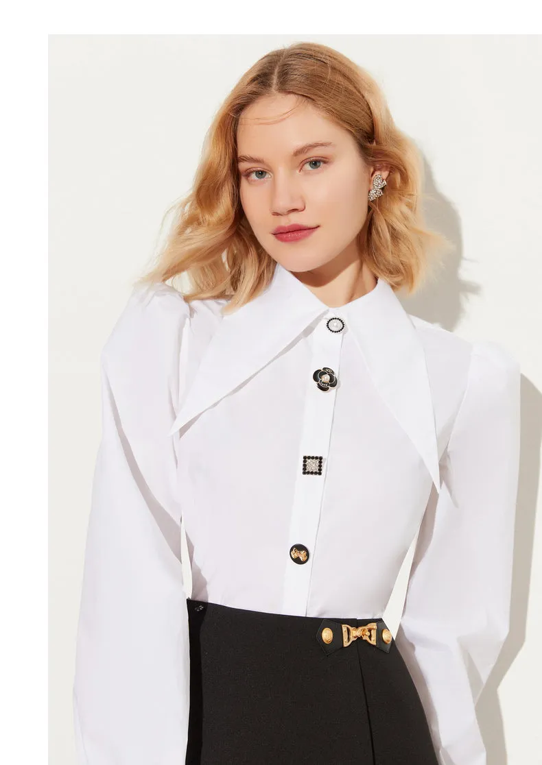 Fall Autumn vintage balloon sleeves cotton embellished white shirt - Sainew