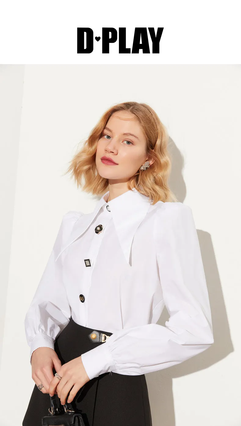 Fall Autumn vintage balloon sleeves cotton embellished white shirt - Sainew