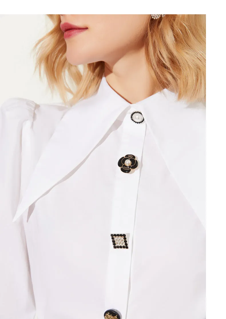 Fall Autumn vintage balloon sleeves cotton embellished white shirt - Sainew