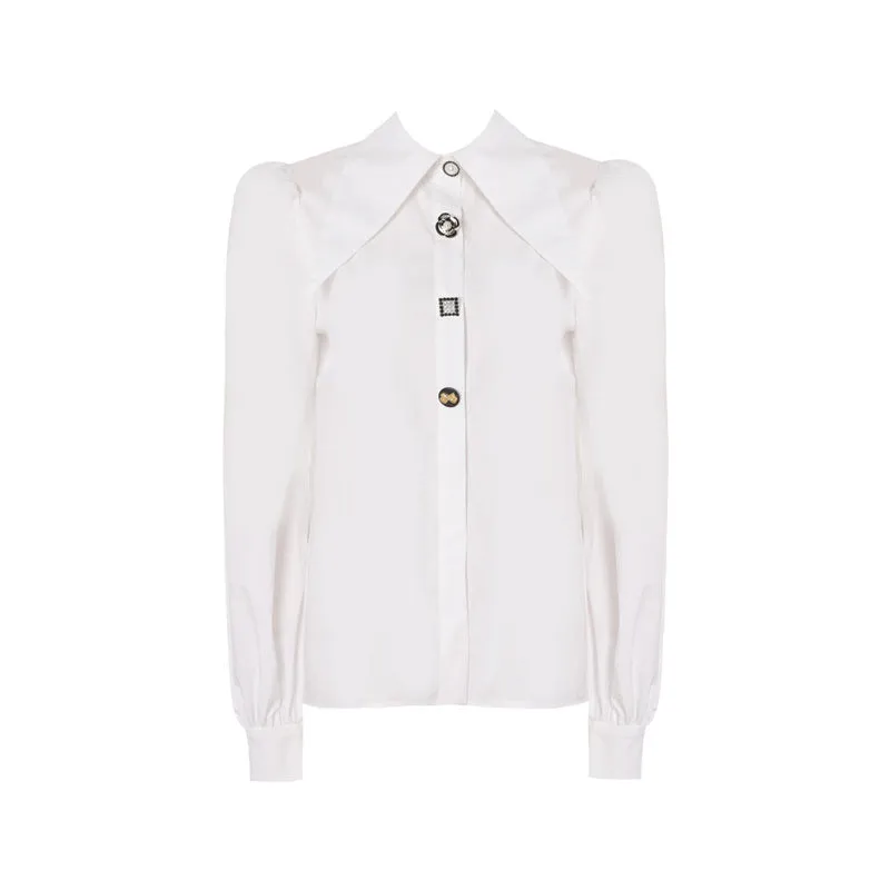 Fall Autumn vintage balloon sleeves cotton embellished white shirt - Sainew
