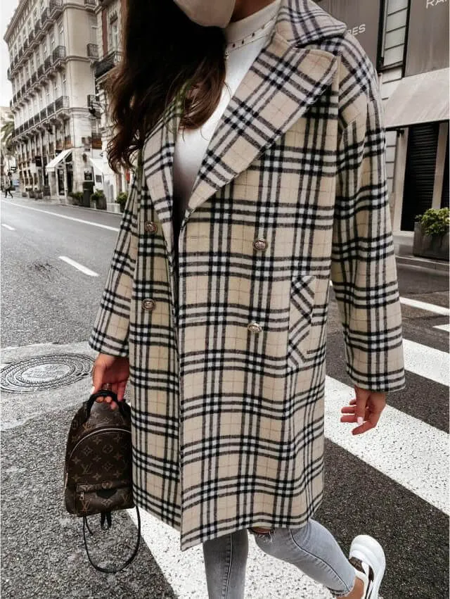 Fall'21 Plaid Fashion Coat- Plaid, Khaki, White