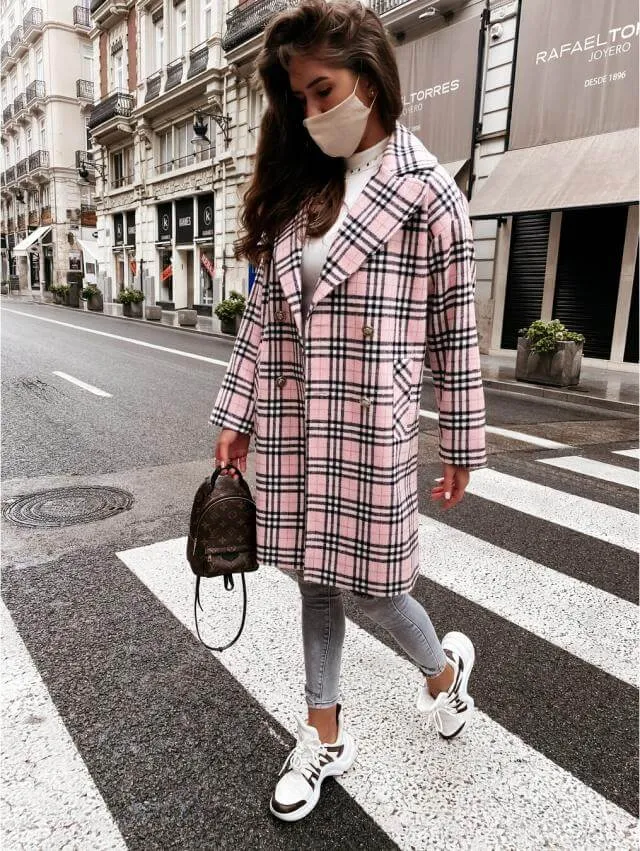 Fall'21 Plaid Fashion Coat- Plaid, Khaki, White