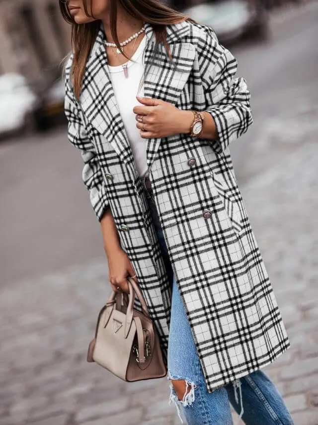 Fall'21 Plaid Fashion Coat- Plaid, Khaki, White