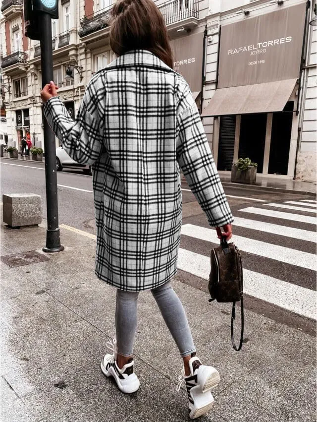 Fall'21 Plaid Fashion Coat- Plaid, Khaki, White