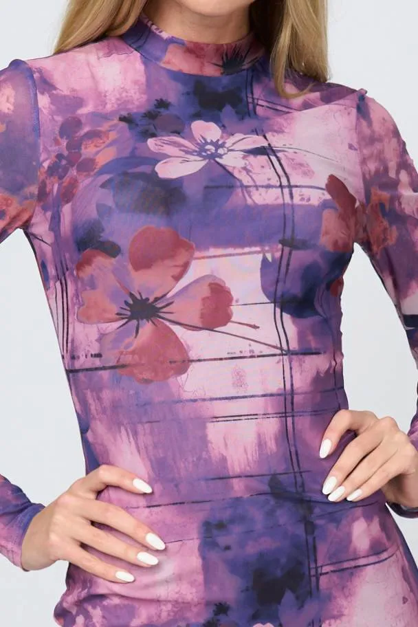 FANTASY FLORAL PRINT MESH LONG SLEEVES MINI DRESS