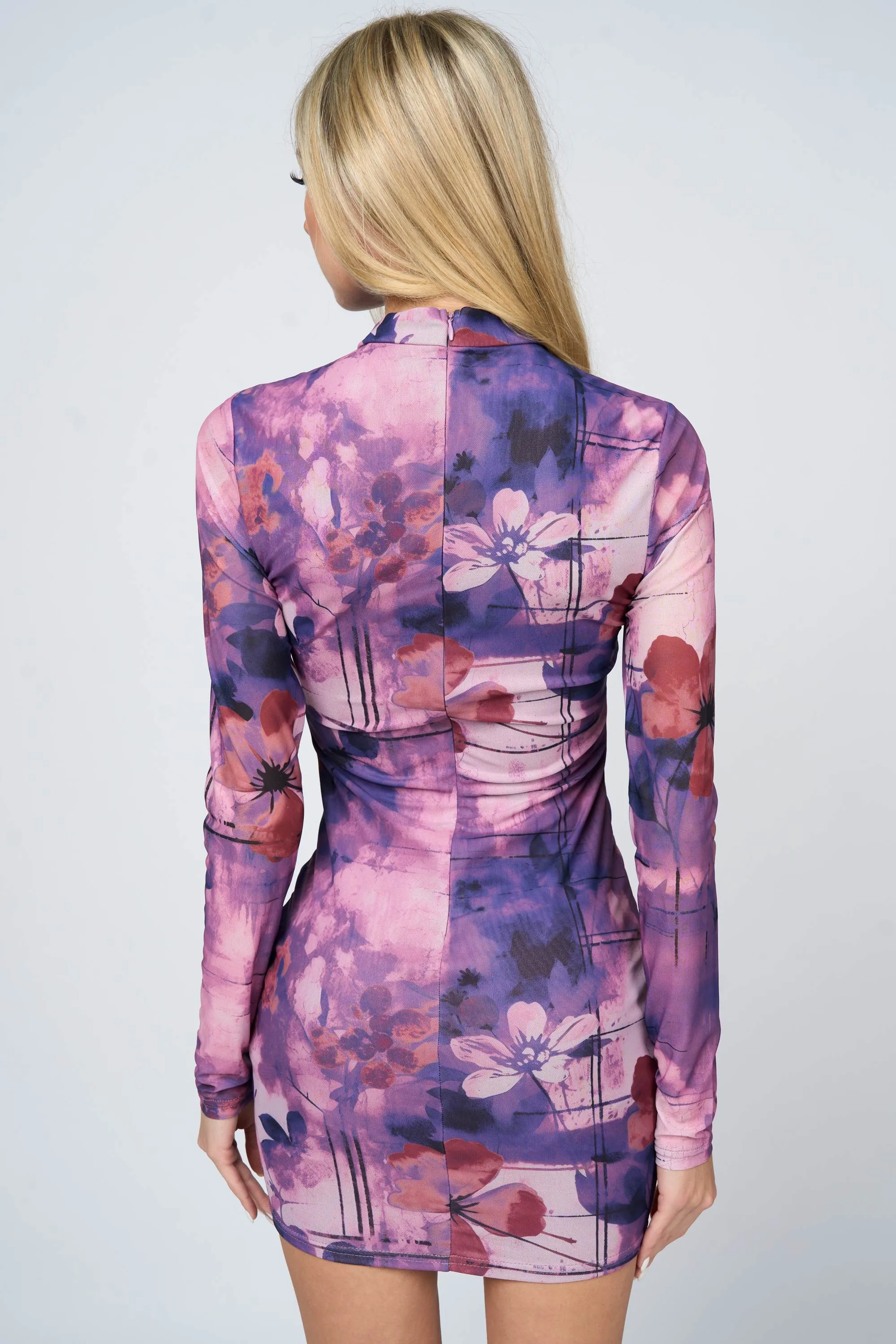 FANTASY FLORAL PRINT MESH LONG SLEEVES MINI DRESS